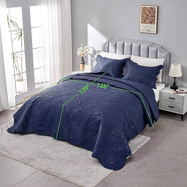 Kingnex Oversized King Bedspreads 128x120 Extra Wide Lightweight Quilt Set for Tall King California King Bed Navy 3 Piece Coverlet Pillow Shams - View 4 of 10