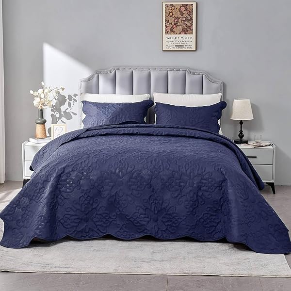 Kingnex Oversized King Bedspreads 128x120 Extra Wide Lightweight Quilt Set for Tall King California King Bed Navy 3 Piece Coverlet Pillow Shams - View 5 of 10