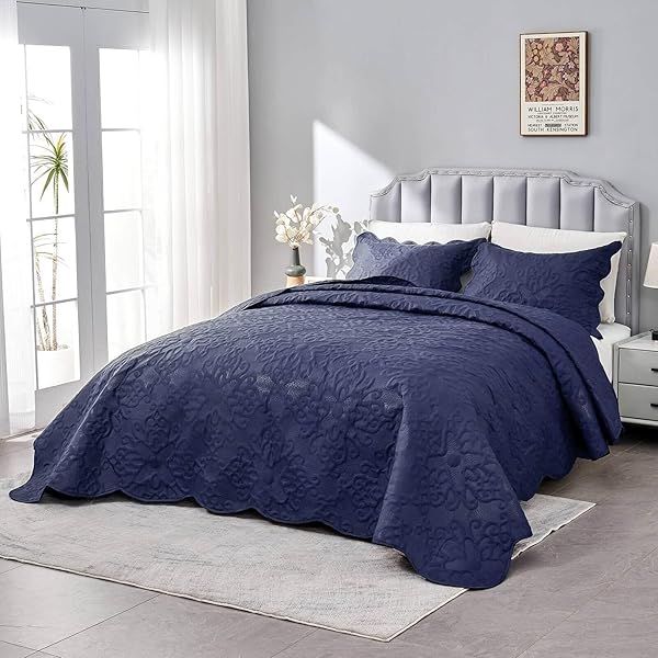 Kingnex Oversized King Bedspreads 128x120 Extra Wide Lightweight Quilt Set for Tall King California King Bed Navy 3 Piece Coverlet Pillow Shams - View 6 of 10