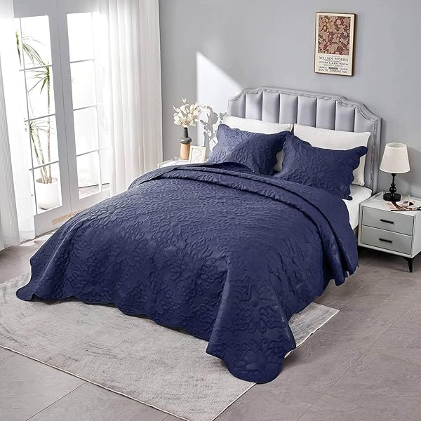 Kingnex Oversized King Bedspreads 128x120 Extra Wide Lightweight Quilt Set for Tall King California King Bed Navy 3 Piece Coverlet Pillow Shams - View 7 of 10