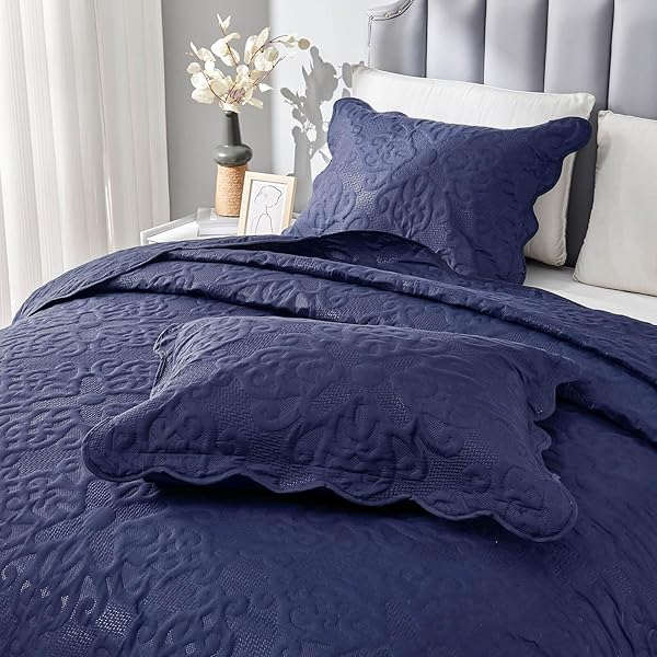 Kingnex Oversized King Bedspreads 128x120 Extra Wide Lightweight Quilt Set for Tall King California King Bed Navy 3 Piece Coverlet Pillow Shams - View 8 of 10