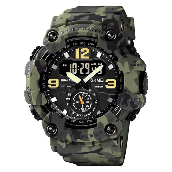 FANMIS FANMIS Mens Analog Digital Dual Display Sports Watch Military Waterproof LED Alarm Stopwatch for Outdoor Running Swimming Y Green Camouflage