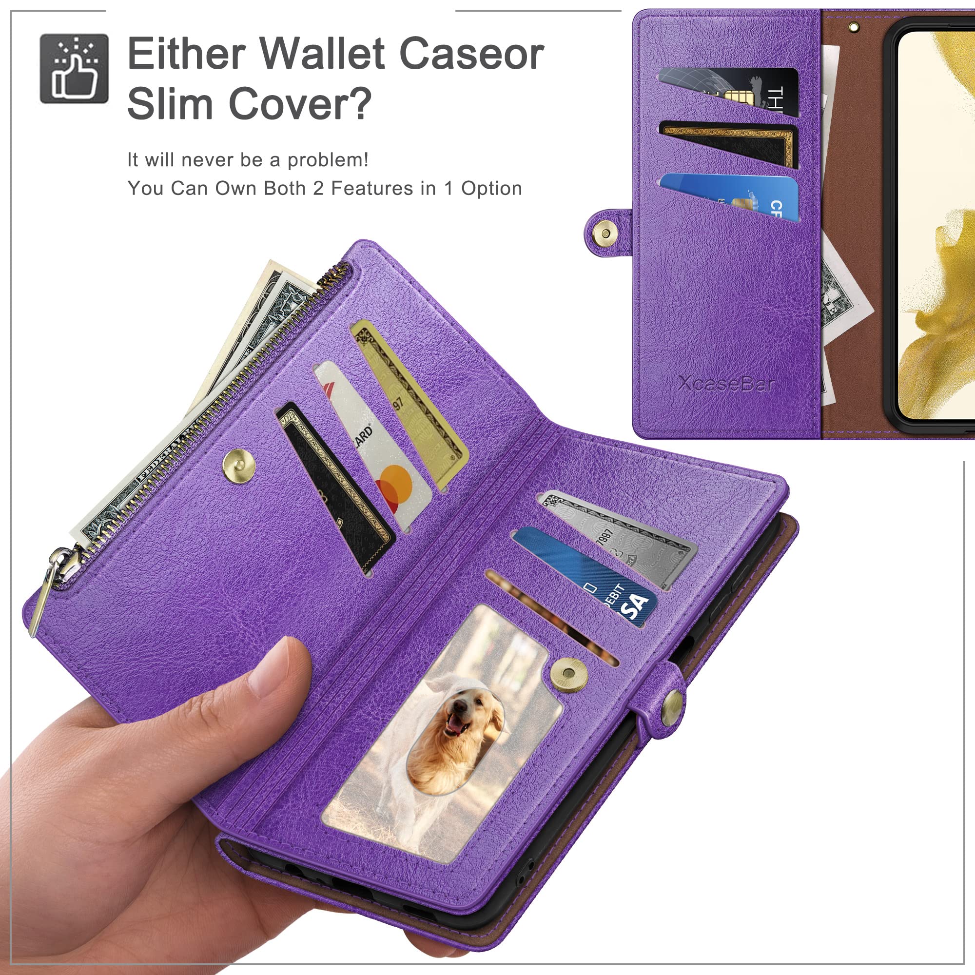 XcaseBar Samsung Galaxy S23 FE Wallet Case Zipper Credit Card Holder RFID Blocking Flip Folio PU Leather Shockproof Cover Purple - View 3 of 6