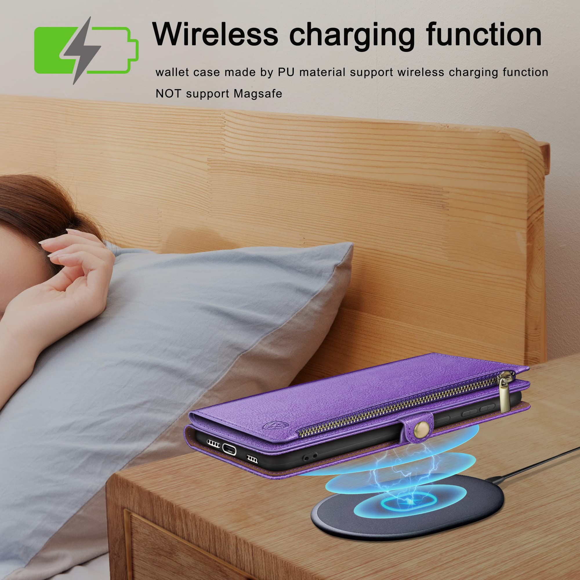 XcaseBar Samsung Galaxy S23 FE Wallet Case Zipper Credit Card Holder RFID Blocking Flip Folio PU Leather Shockproof Cover Purple - View 4 of 6