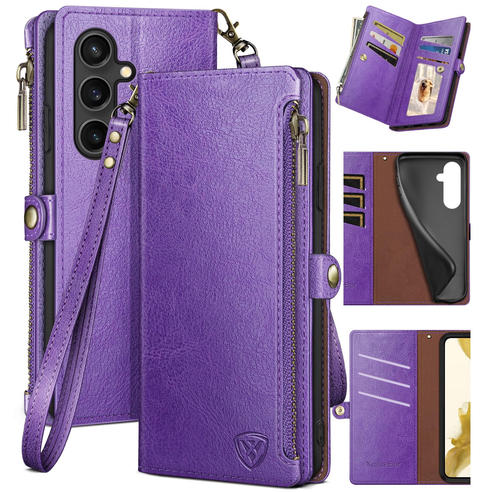 XcaseBar Samsung Galaxy S23 FE Wallet Case Zipper Credit Card Holder RFID Blocking Flip Folio PU Leather Shockproof Cover Purple