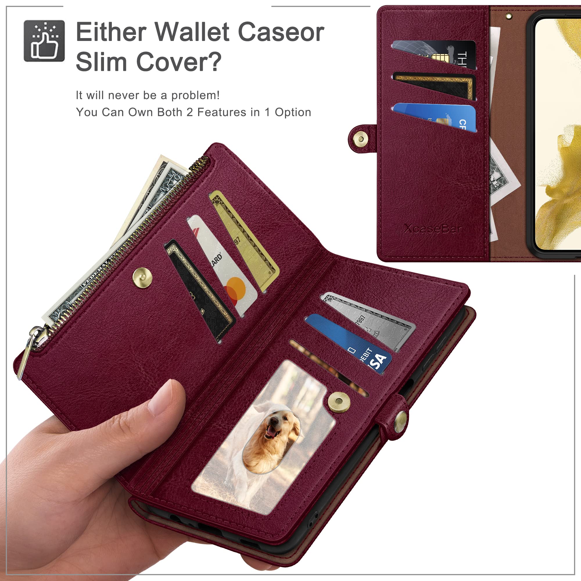 XcaseBar Samsung Galaxy S23 FE Wallet Case Zipper Credit Card Holder RFID Blocking Flip Folio PU Leather Shockproof Cover Wine Red - View 3 of 6
