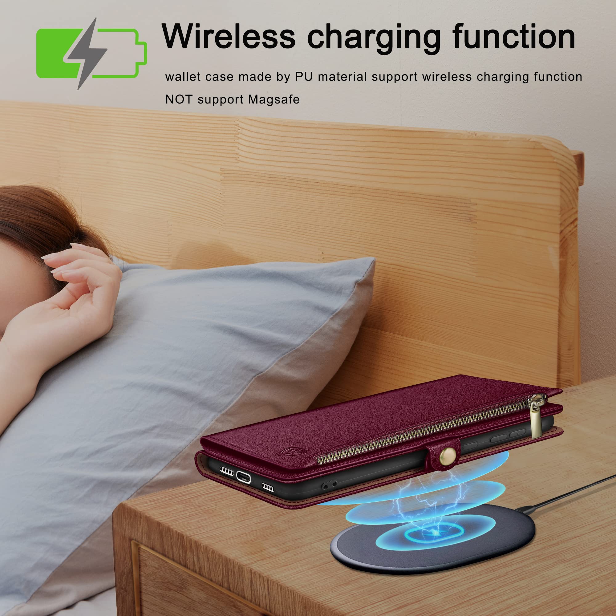 XcaseBar Samsung Galaxy S23 FE Wallet Case Zipper Credit Card Holder RFID Blocking Flip Folio PU Leather Shockproof Cover Wine Red - View 4 of 6