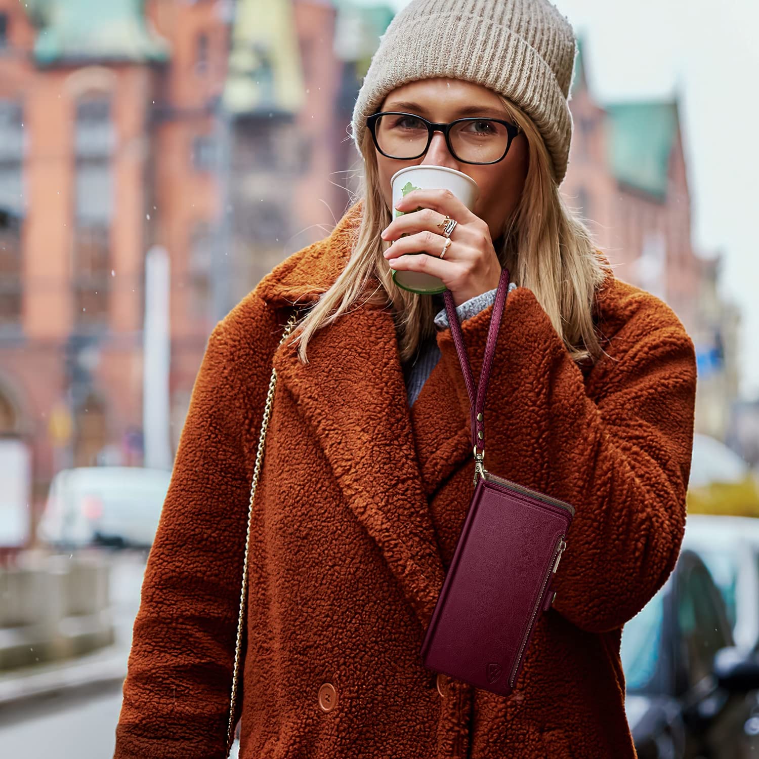 XcaseBar Samsung Galaxy S23 FE Wallet Case Zipper Credit Card Holder RFID Blocking Flip Folio PU Leather Shockproof Cover Wine Red - View 5 of 6