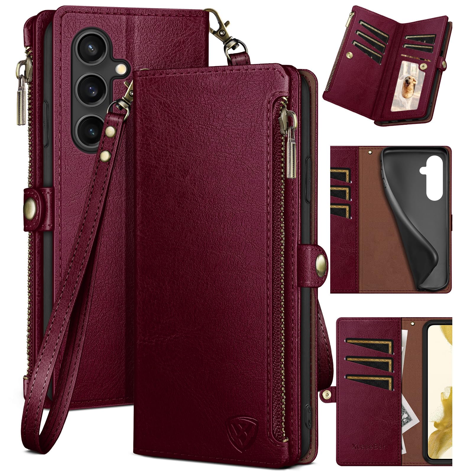 XcaseBar Samsung Galaxy S23 FE Wallet Case Zipper Credit Card Holder RFID Blocking Flip Folio PU Leather Shockproof Cover Wine Red