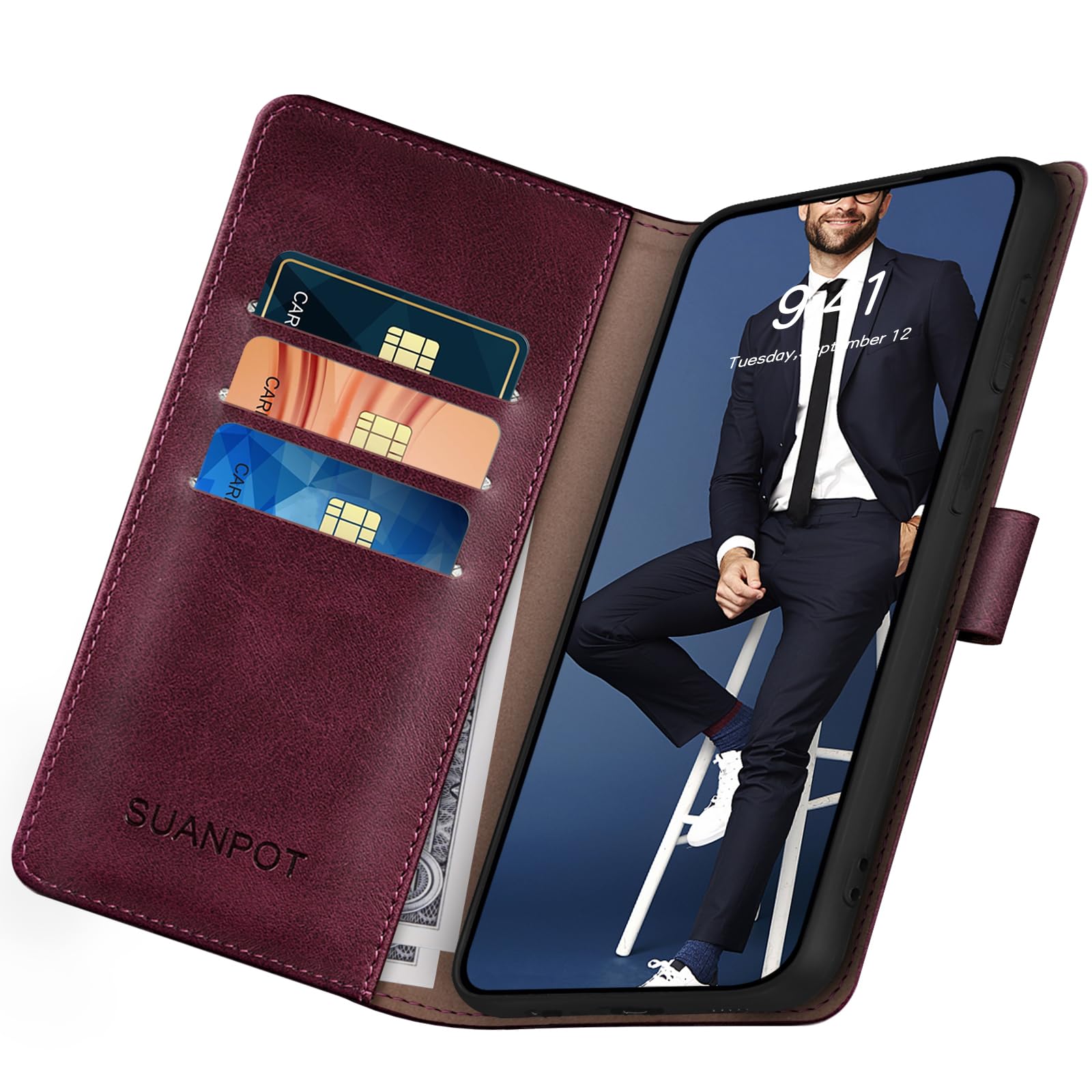 SUANPOT Suanpot Samsung Galaxy S23 FE Wallet Case RFID Blocking Credit Card Holder PU Leather Flip Folio Cover Wine Red for Men and Women - View 5 of 7