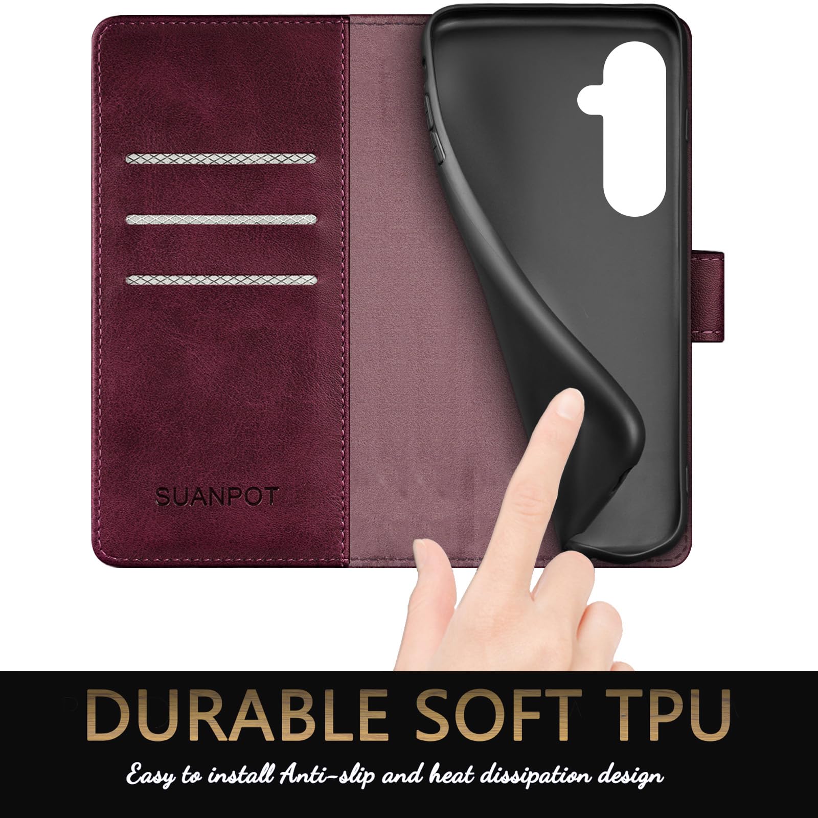 SUANPOT Suanpot Samsung Galaxy S23 FE Wallet Case RFID Blocking Credit Card Holder PU Leather Flip Folio Cover Wine Red for Men and Women - View 7 of 7
