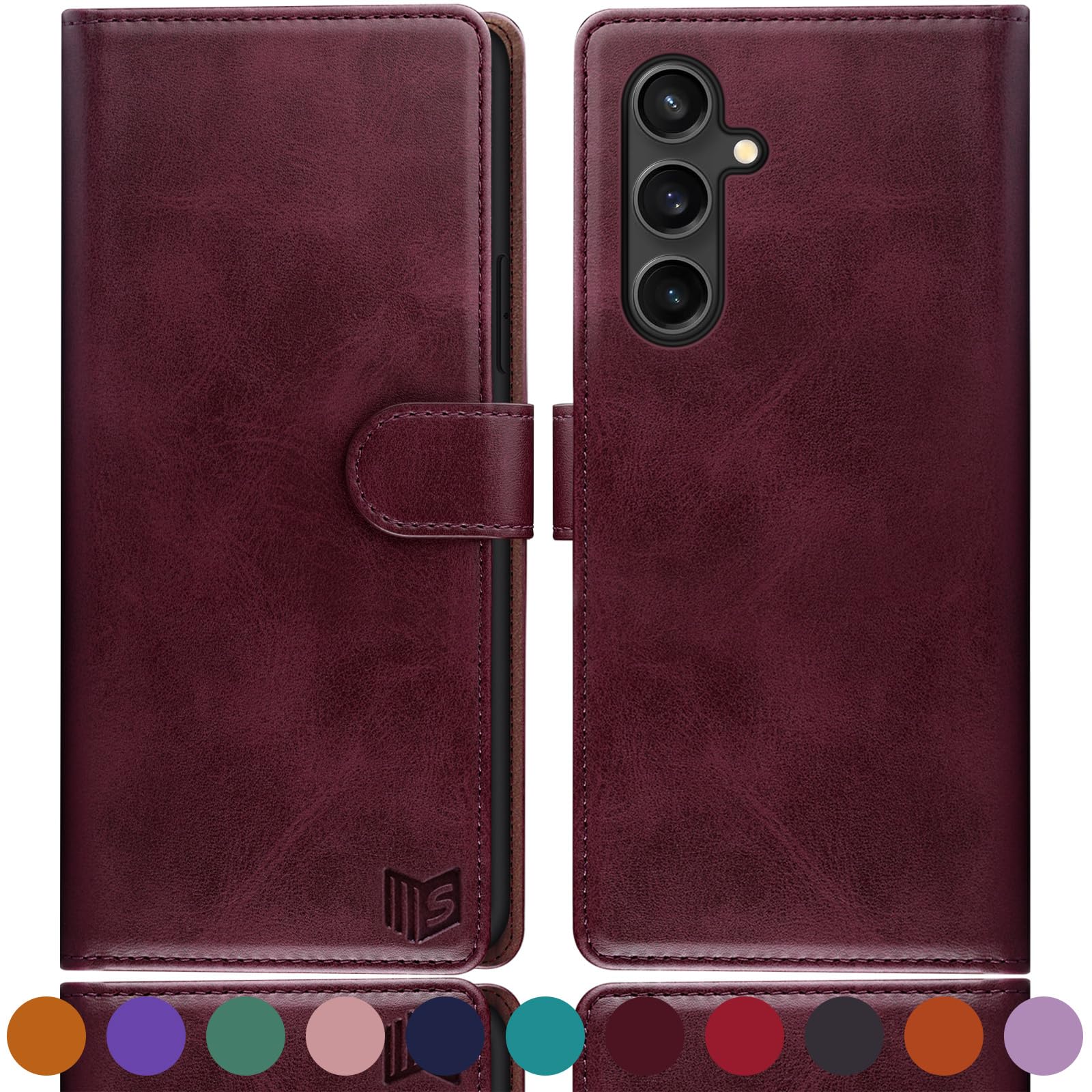 Suanpot Samsung Galaxy S23 FE Wallet Case RFID Blocking Credit Card Holder PU Leather Flip Folio Cover Wine Red for Men and Women