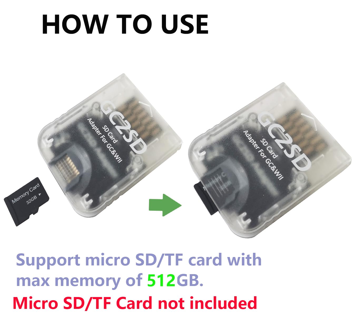 Hyamass Hyamass GC2SD Gamecube Memory Card Adapter for Micro SD TF Card Reader Portable Plug and Play for Wii and Gamecube Clear - View 4 of 8