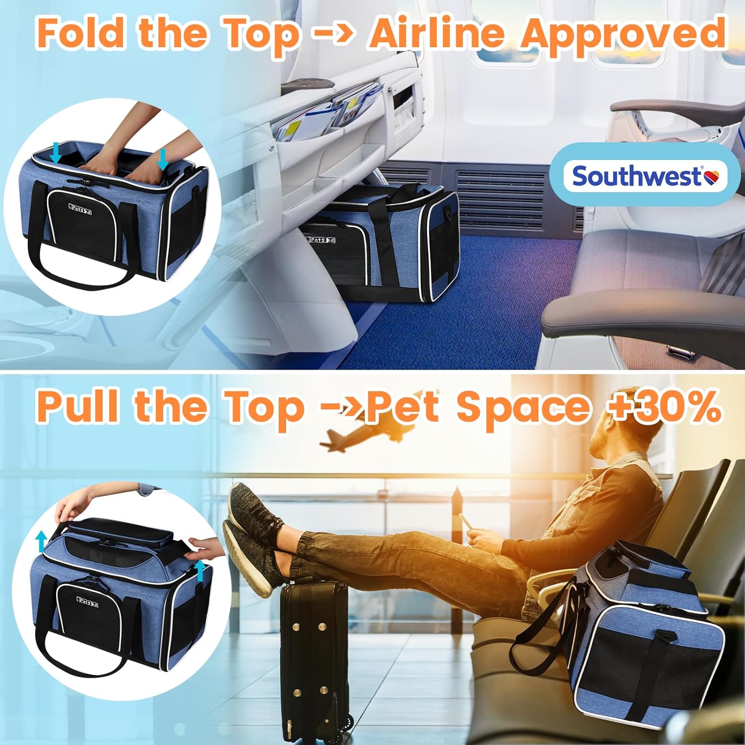 Petskd Petskd Top Expandable Pet Carrier 18x13x9.5 Inches Airline Approved Soft Sided Carrier for Small Cats and Dogs with Safety Zippers Blue - View 2 of 8