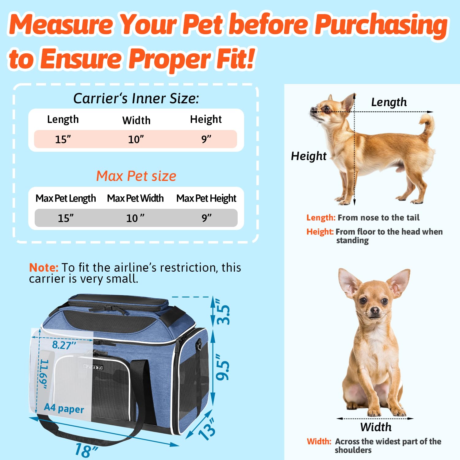 Petskd Petskd Top Expandable Pet Carrier 18x13x9.5 Inches Airline Approved Soft Sided Carrier for Small Cats and Dogs with Safety Zippers Blue - View 3 of 8