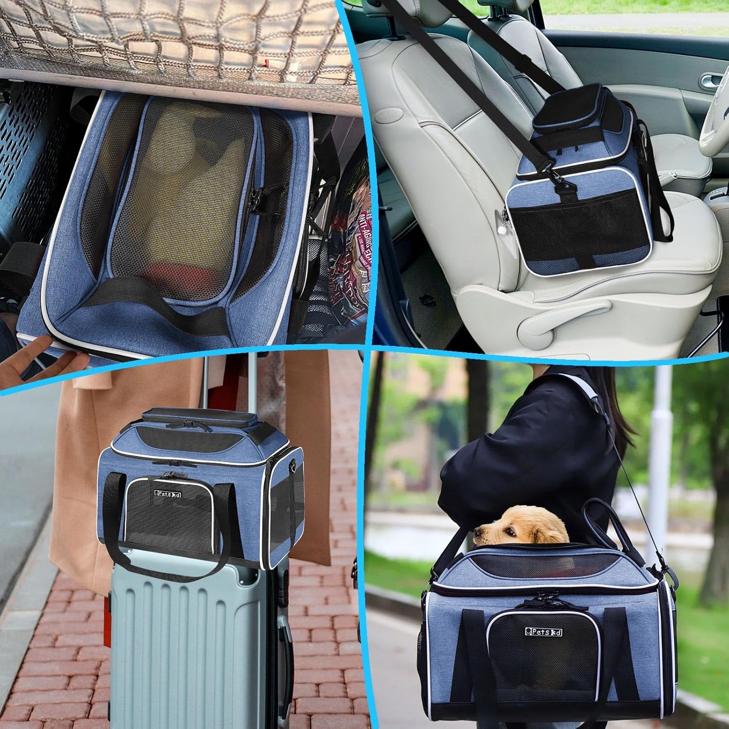 Petskd Petskd Top Expandable Pet Carrier 18x13x9.5 Inches Airline Approved Soft Sided Carrier for Small Cats and Dogs with Safety Zippers Blue - View 8 of 8