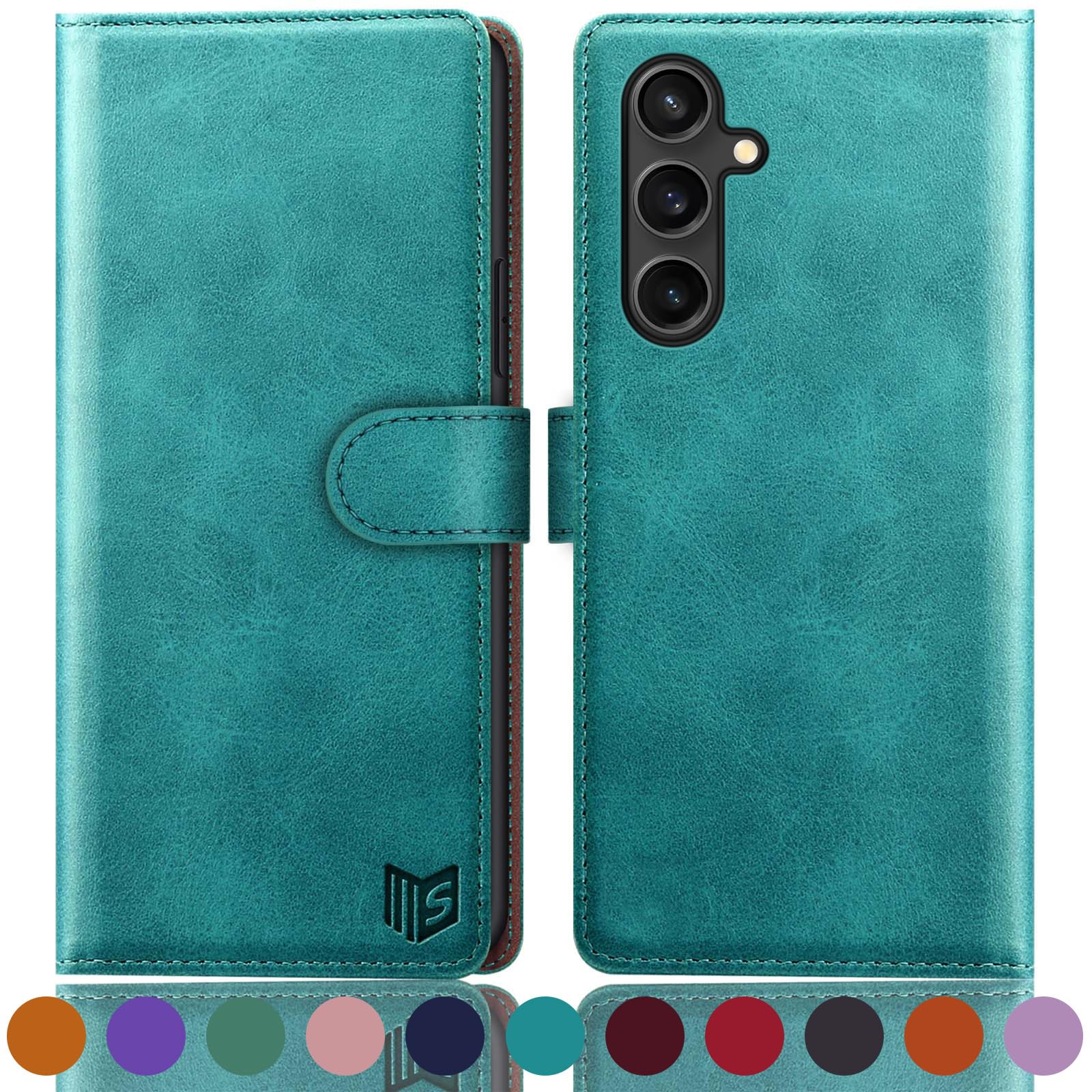 SUANPOT Samsung Galaxy S23 FE Wallet Case RFID Blocking Credit Card Holder PU Leather Flip Folio Cover for Men and Women Blue Green
