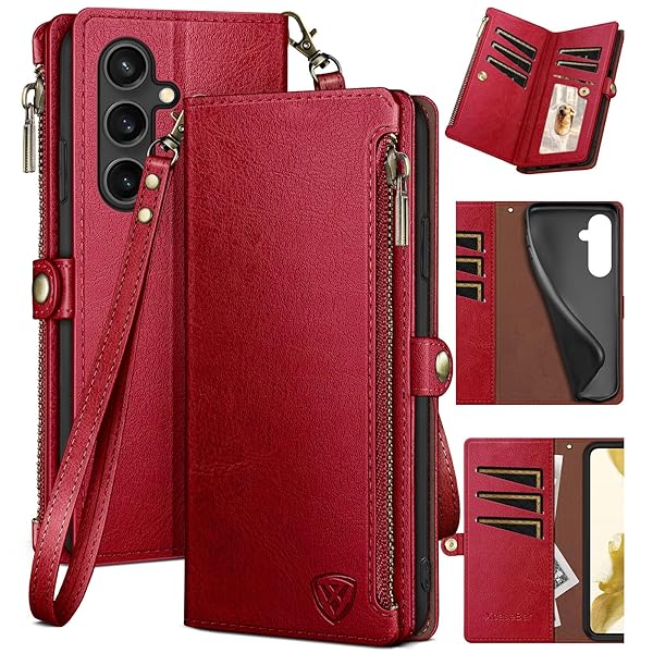 XcaseBar XcaseBar Samsung Galaxy S23 FE Wallet Case Zipper Credit Card Holder RFID Blocking Flip Folio PU Leather Shockproof Cover Red - View 3 of 8
