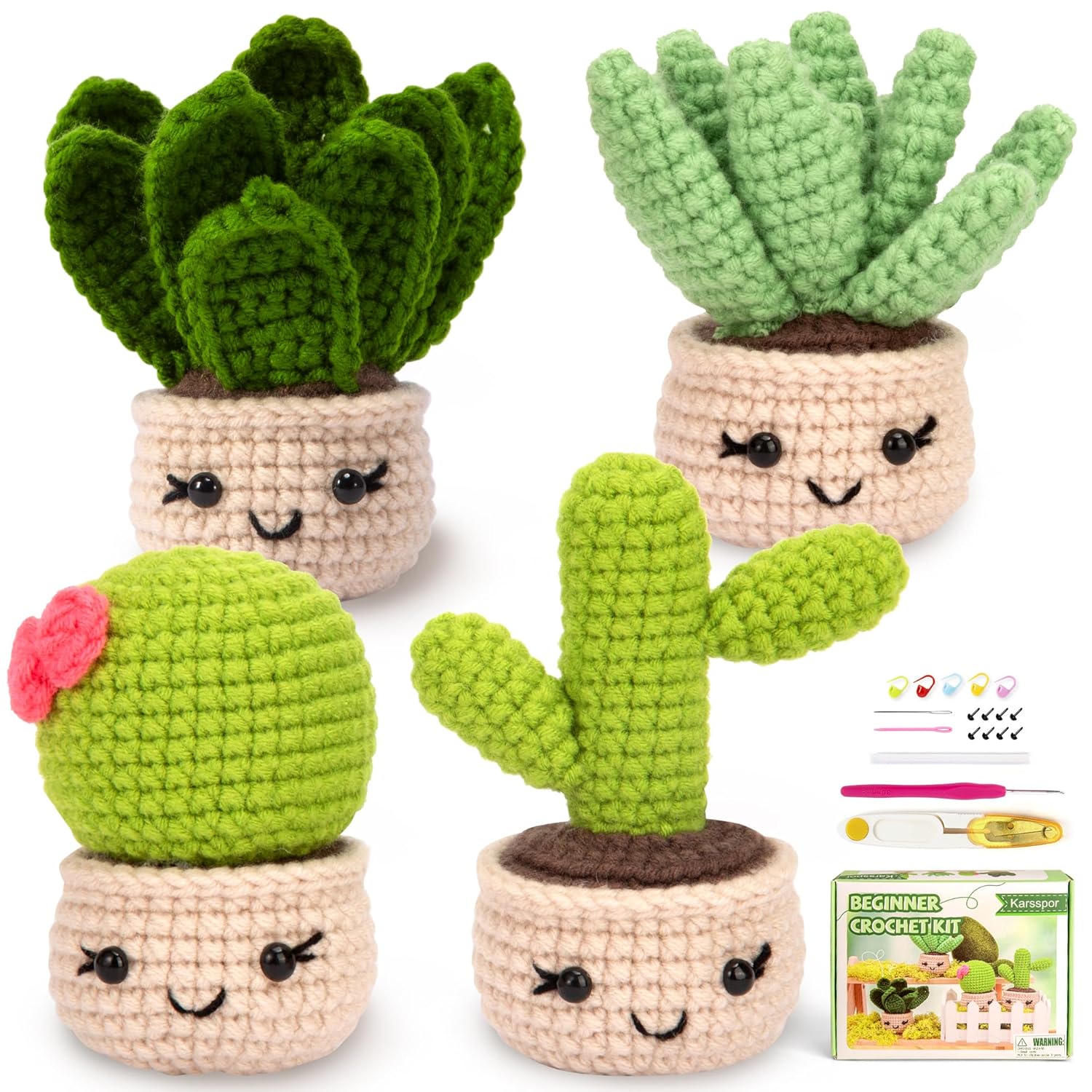 Karsspor Karsspor Crochet Kit for Beginners 4 PCS Succulents with Step-by-Step Instructions and Video Tutorials Complete Starter Kit
