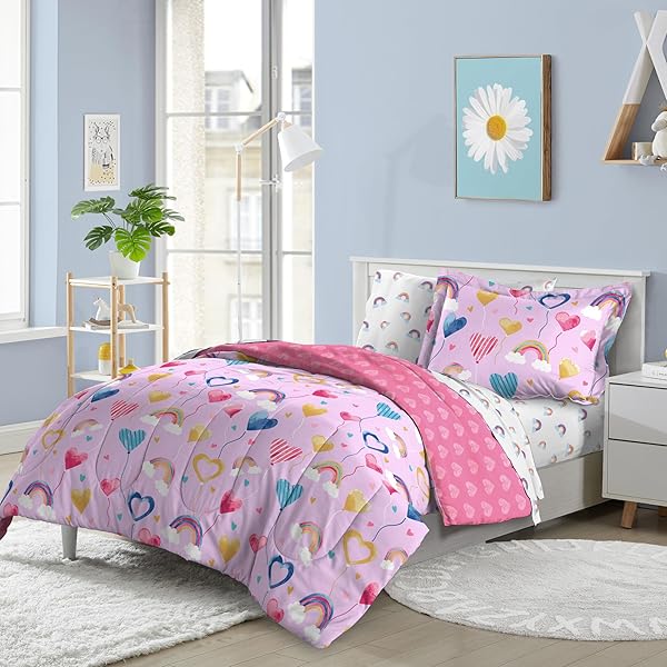 dream FACTORY Dream Factory Kids 5 Piece Bed Set Easy Wash Soft Microfiber Comforter Twin Lilac Balloon Hearts