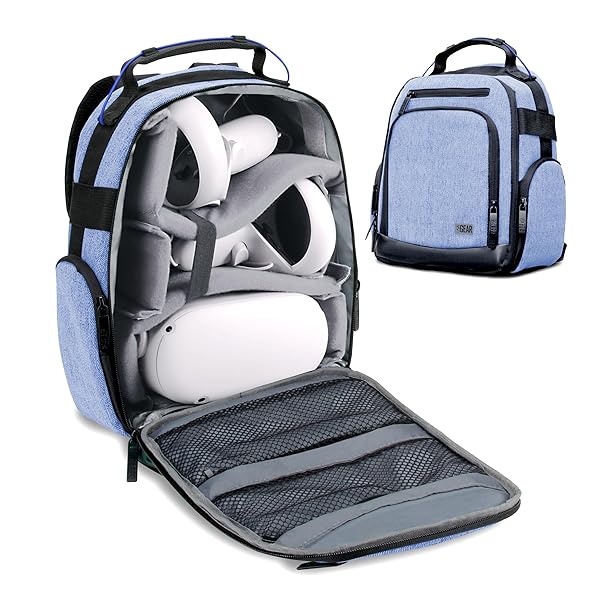 USA GEAR VR Headset Case: Customizable Backpack for VR Gaming Headset & Accessories - Blue