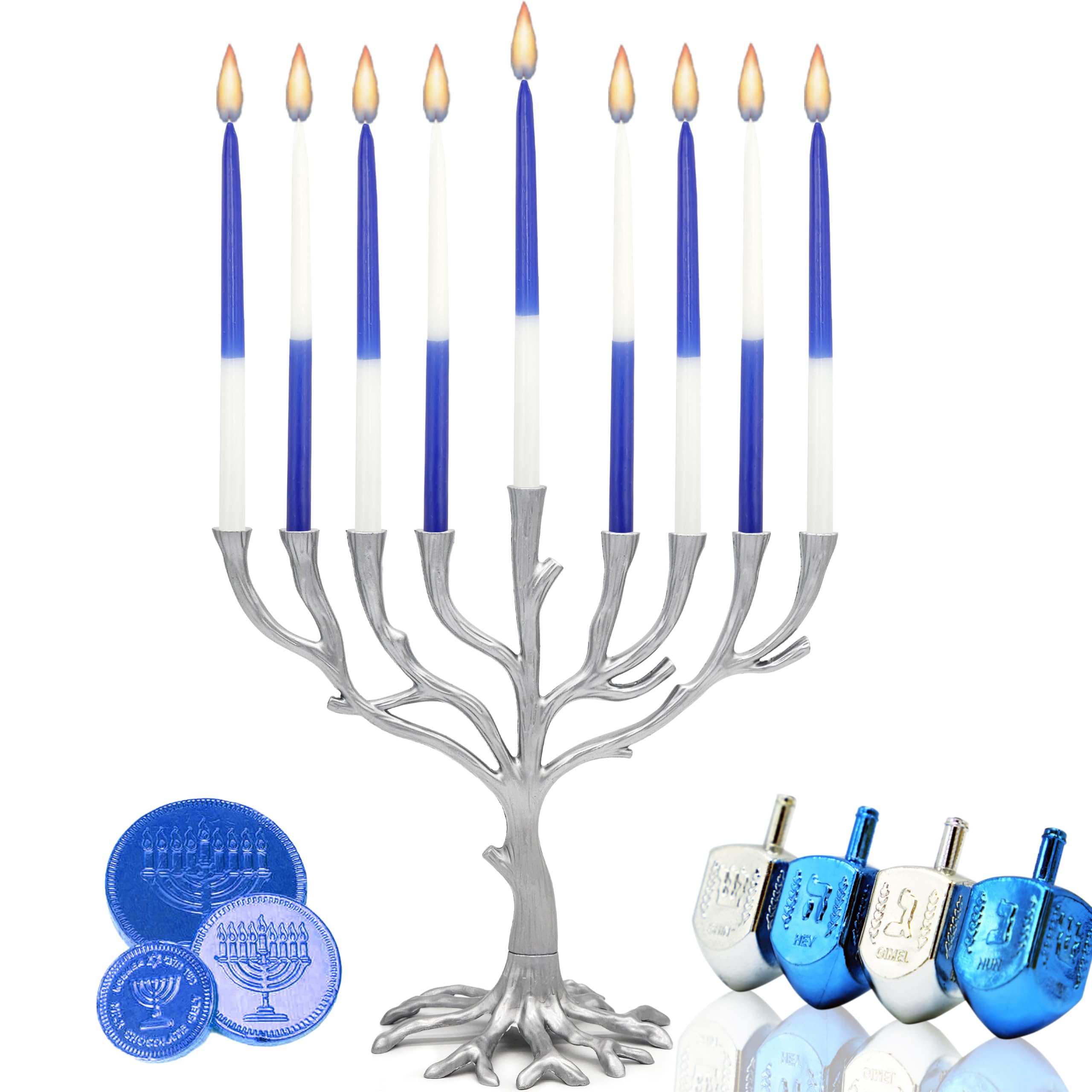 The Dreidel Company Deluxe Tapered Hanukkah Menorah Navy Blue and White with Candles for All 8 Nights of Chanukah by The Dreidel Company - View 2 of 6