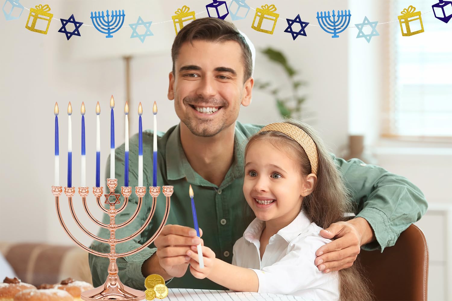 The Dreidel Company Deluxe Tapered Hanukkah Menorah Navy Blue and White with Candles for All 8 Nights of Chanukah by The Dreidel Company - View 3 of 6