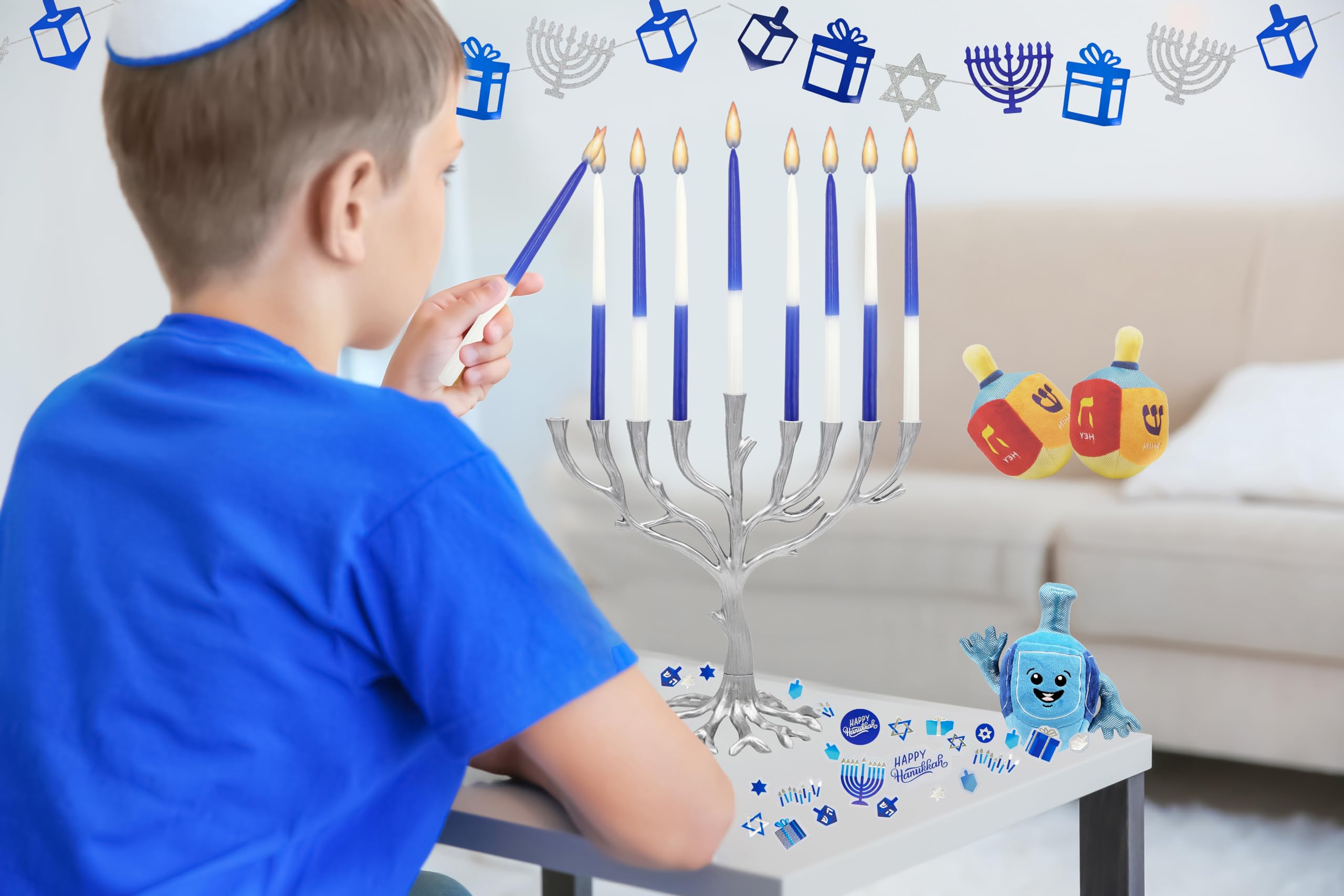 The Dreidel Company Deluxe Tapered Hanukkah Menorah Navy Blue and White with Candles for All 8 Nights of Chanukah by The Dreidel Company - View 5 of 6