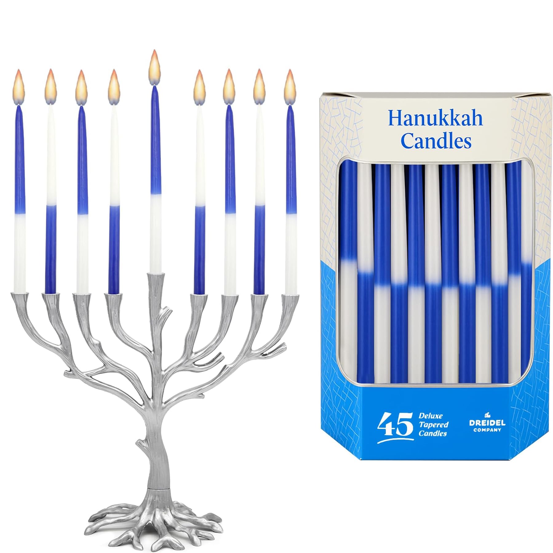 The Dreidel Company Deluxe Tapered Hanukkah Menorah Navy Blue and White with Candles for All 8 Nights of Chanukah by The Dreidel Company