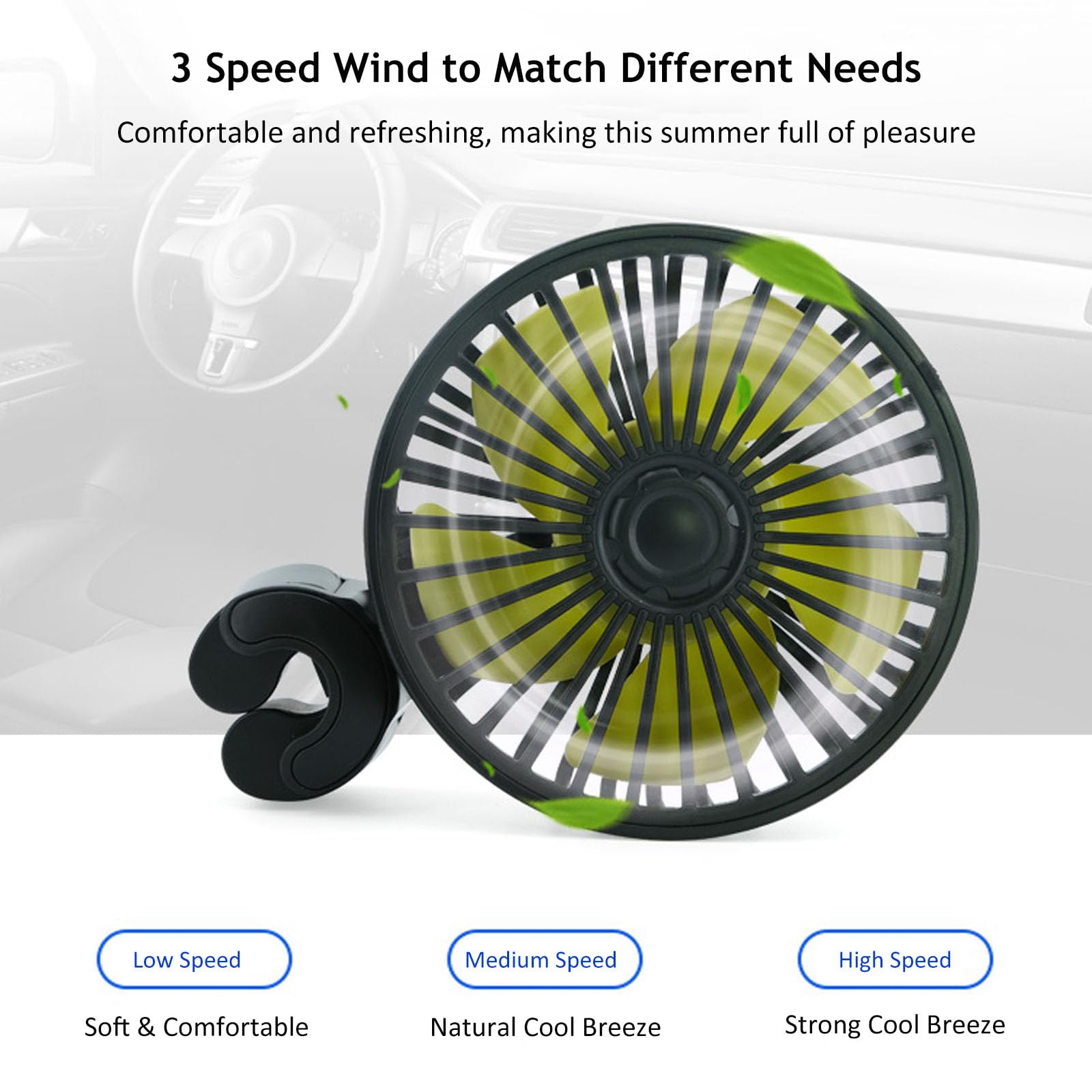 Hoenkeips Hoenkeips USB Powered Car Fan Portable Cooling Fan with 3 Speed Strong Wind Adjustable Clip for SUV RV Rear Seat Air Circulation - View 2 of 7