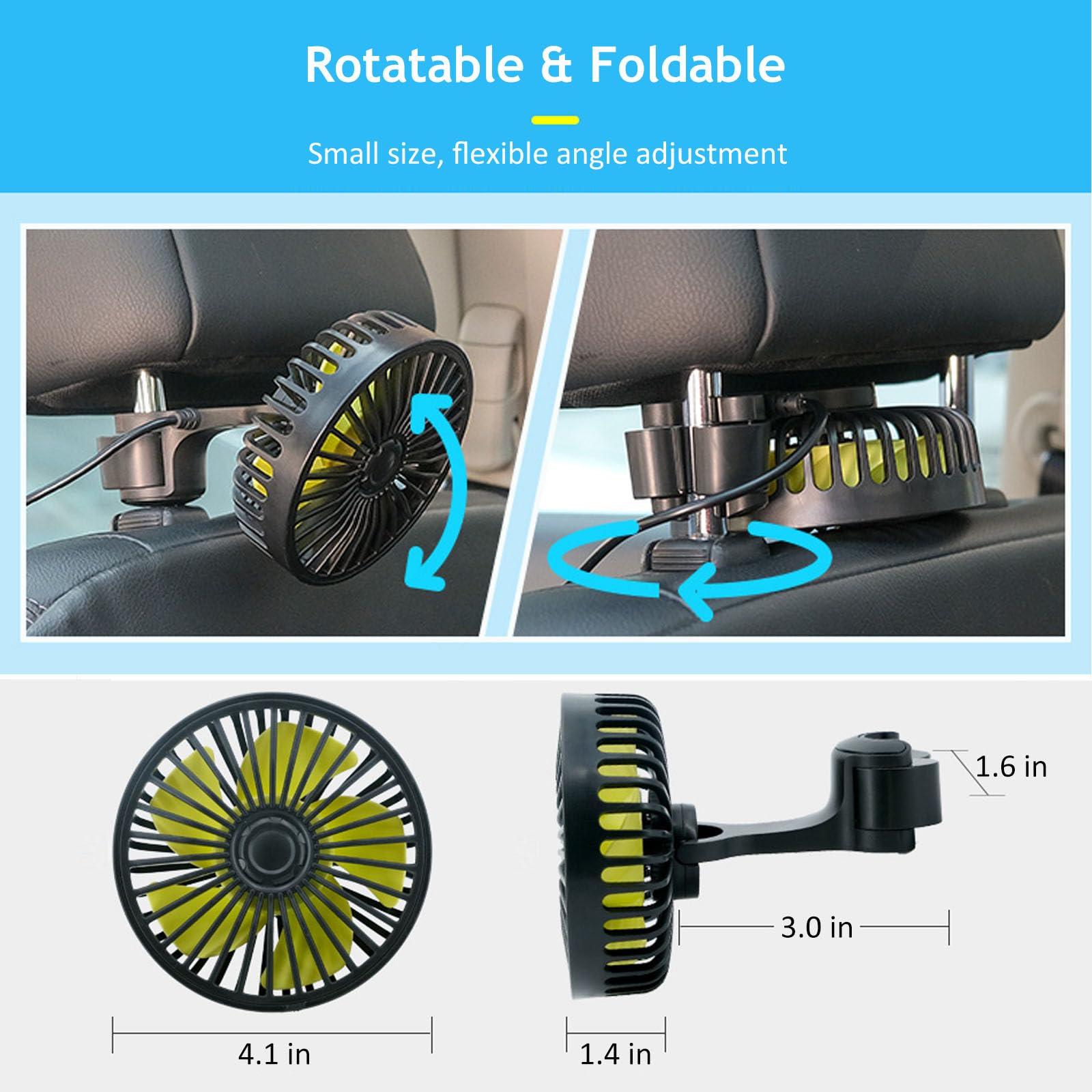 Hoenkeips Hoenkeips USB Powered Car Fan Portable Cooling Fan with 3 Speed Strong Wind Adjustable Clip for SUV RV Rear Seat Air Circulation - View 5 of 7