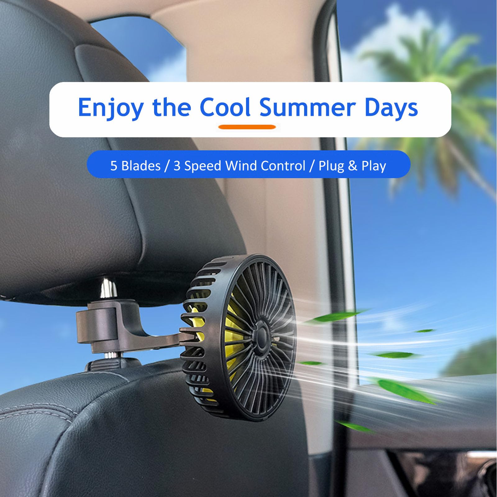 Hoenkeips Hoenkeips USB Powered Car Fan Portable Cooling Fan with 3 Speed Strong Wind Adjustable Clip for SUV RV Rear Seat Air Circulation - View 6 of 7