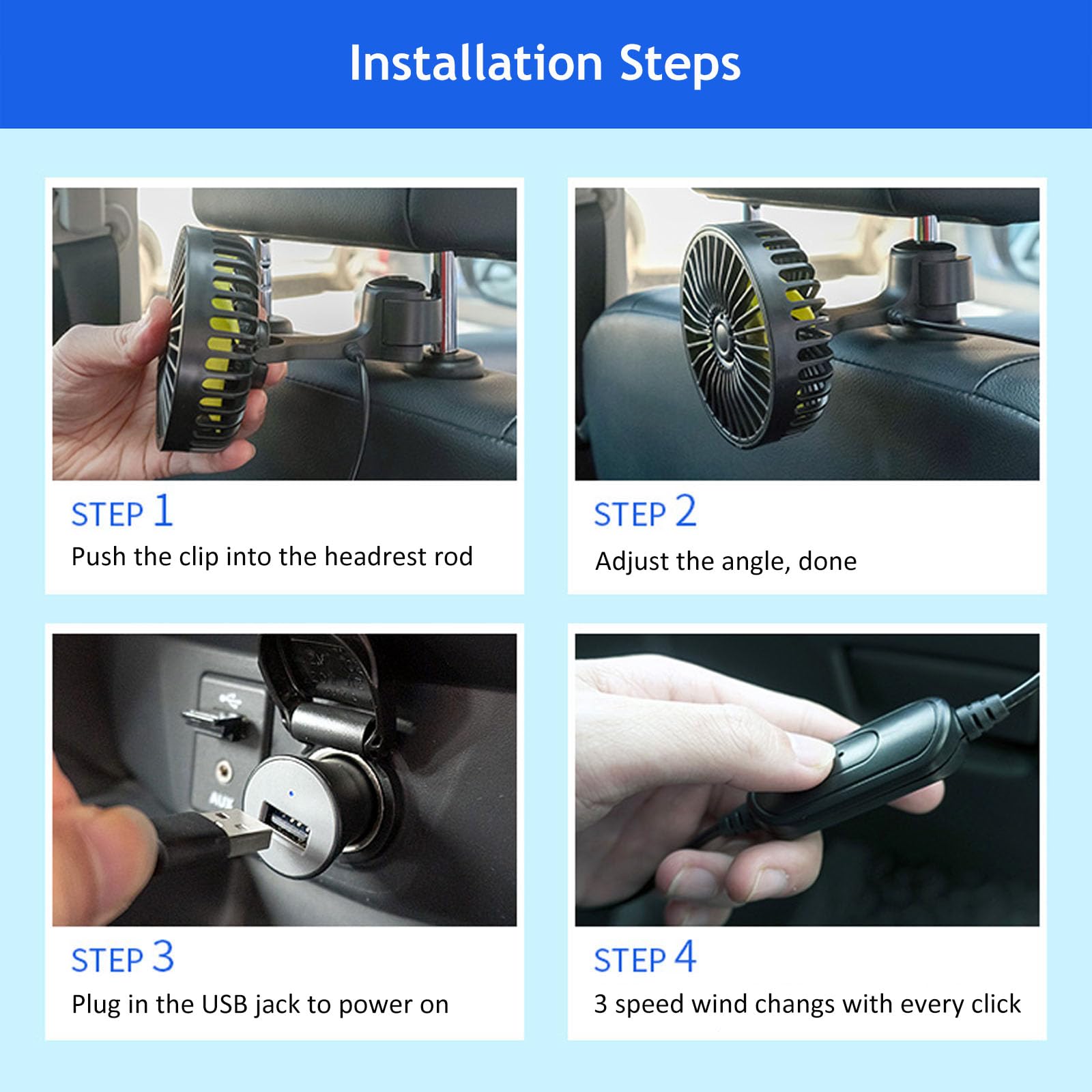 Hoenkeips Hoenkeips USB Powered Car Fan Portable Cooling Fan with 3 Speed Strong Wind Adjustable Clip for SUV RV Rear Seat Air Circulation - View 7 of 7