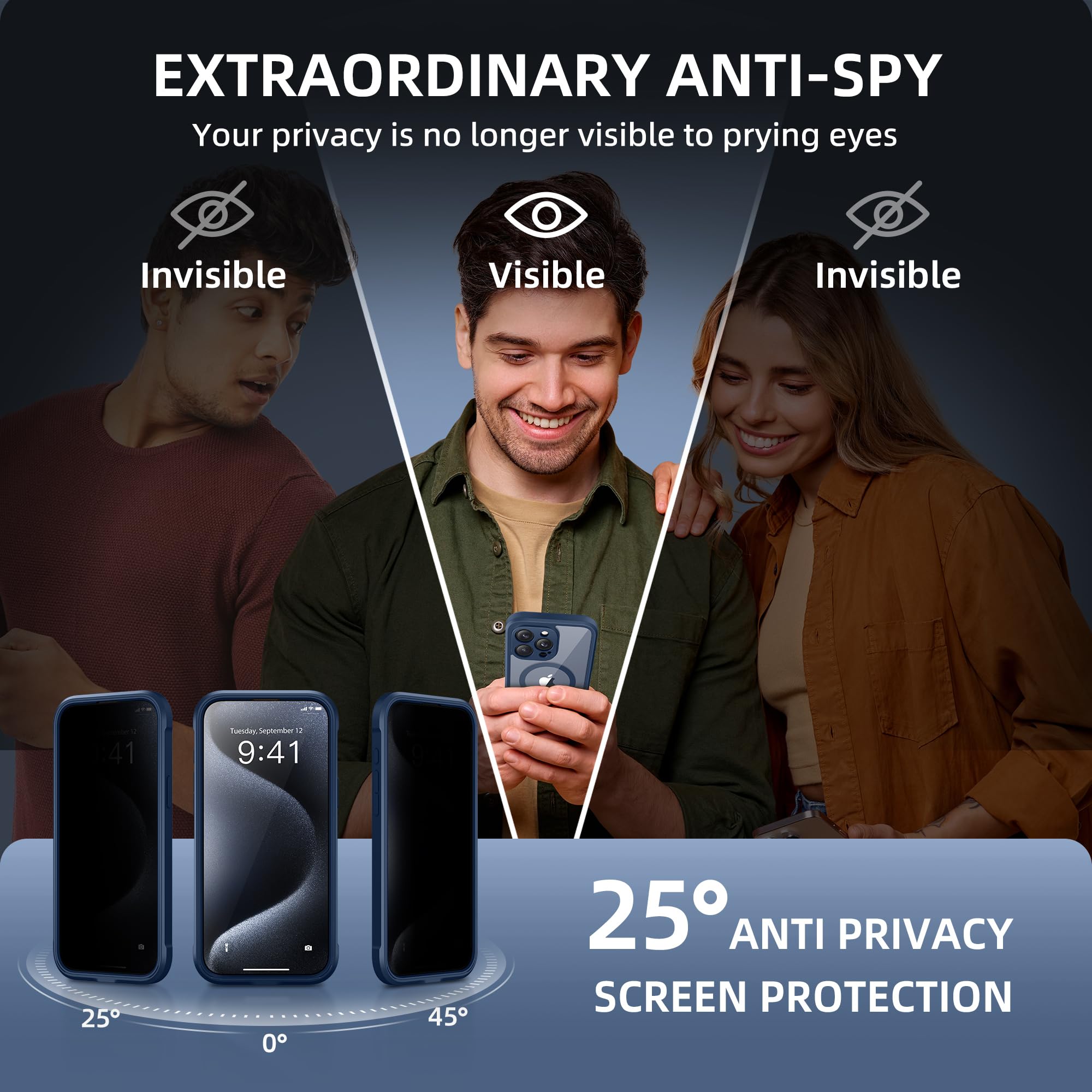 TIESZEN Magnetic iPhone 15 Pro Case with Privacy Screen Protector and Camera Protection Dustproof Shockproof Dark Blue 6.1 Inch - View 2 of 9