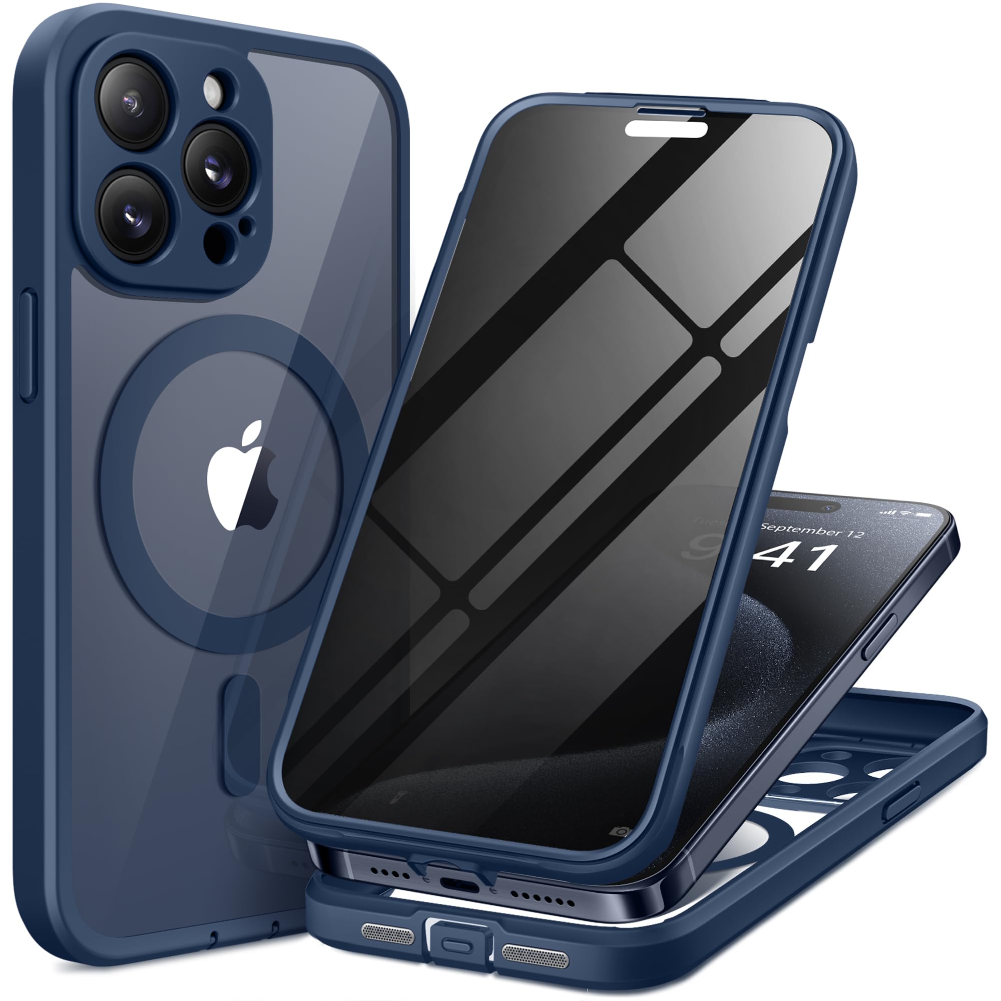 TIESZEN Magnetic iPhone 15 Pro Case with Privacy Screen Protector and Camera Protection Dustproof Shockproof Dark Blue 6.1 Inch