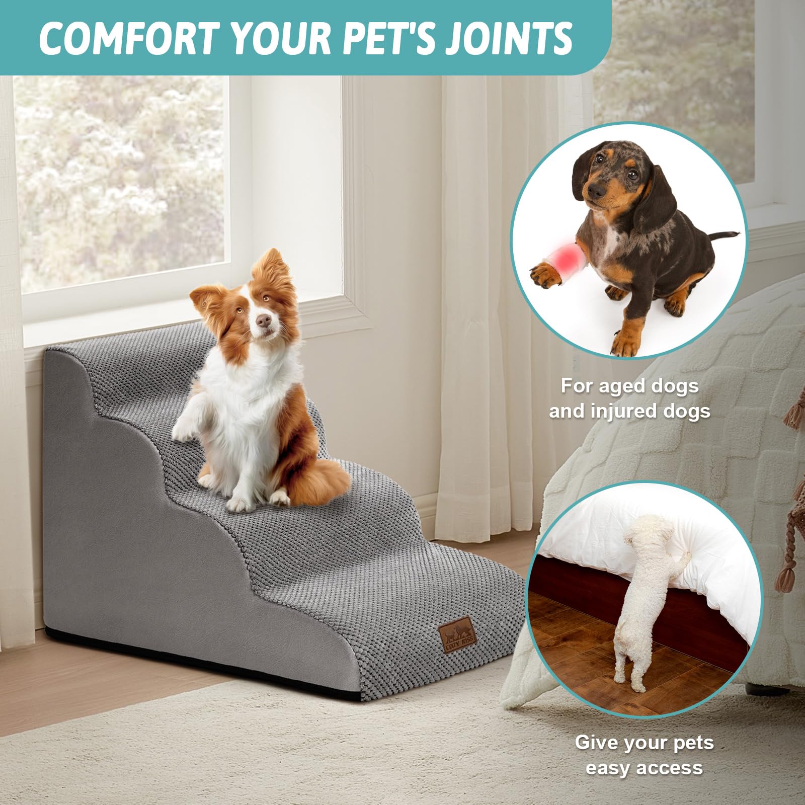 COZY KISS Cozy Kiss Dog Stairs for Small Dogs 19.7 Inch Curved Step Ramp for Sofa Couch Bed High Density Foam 4 Step Grey - View 3 of 7