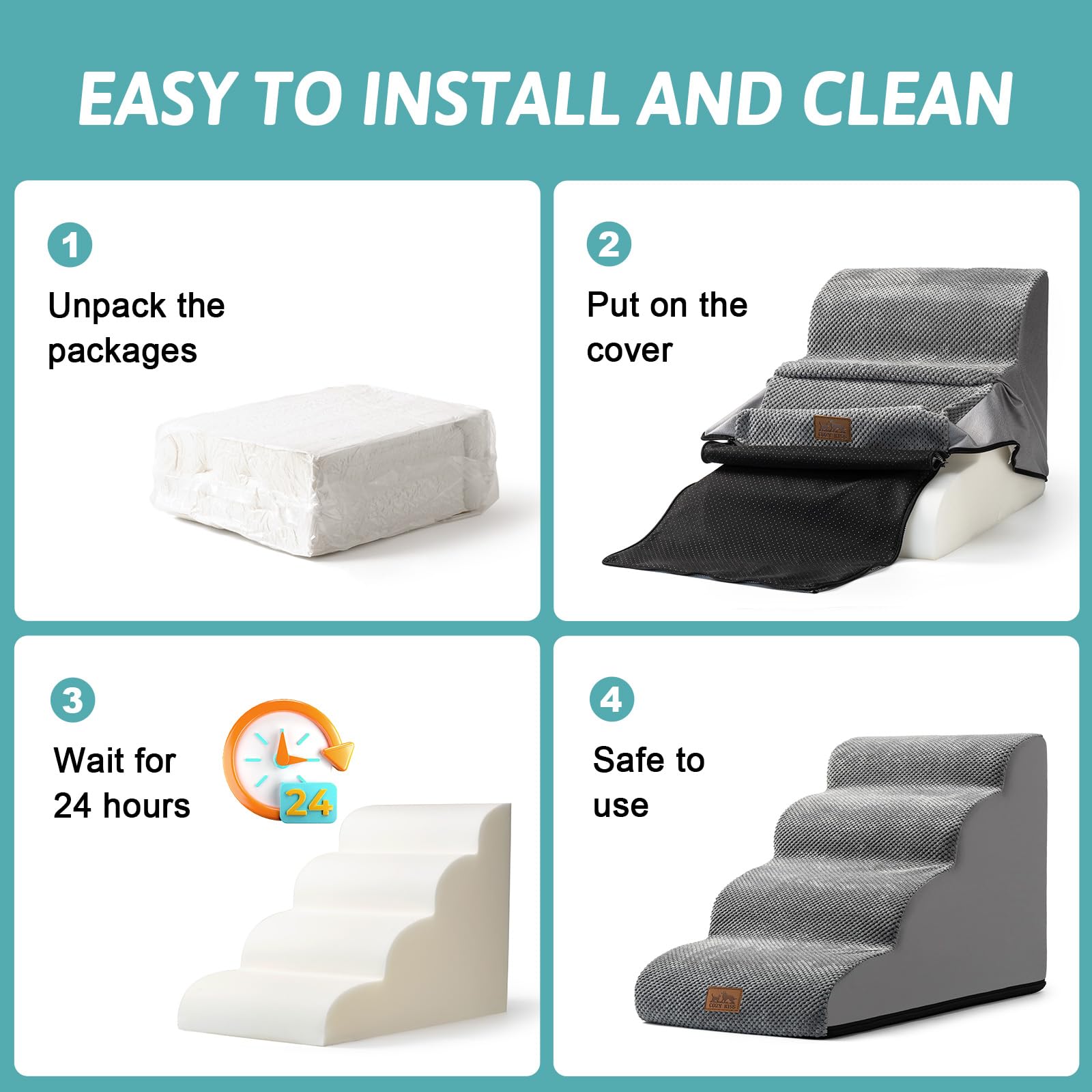 COZY KISS Cozy Kiss Dog Stairs for Small Dogs 19.7 Inch Curved Step Ramp for Sofa Couch Bed High Density Foam 4 Step Grey - View 4 of 7