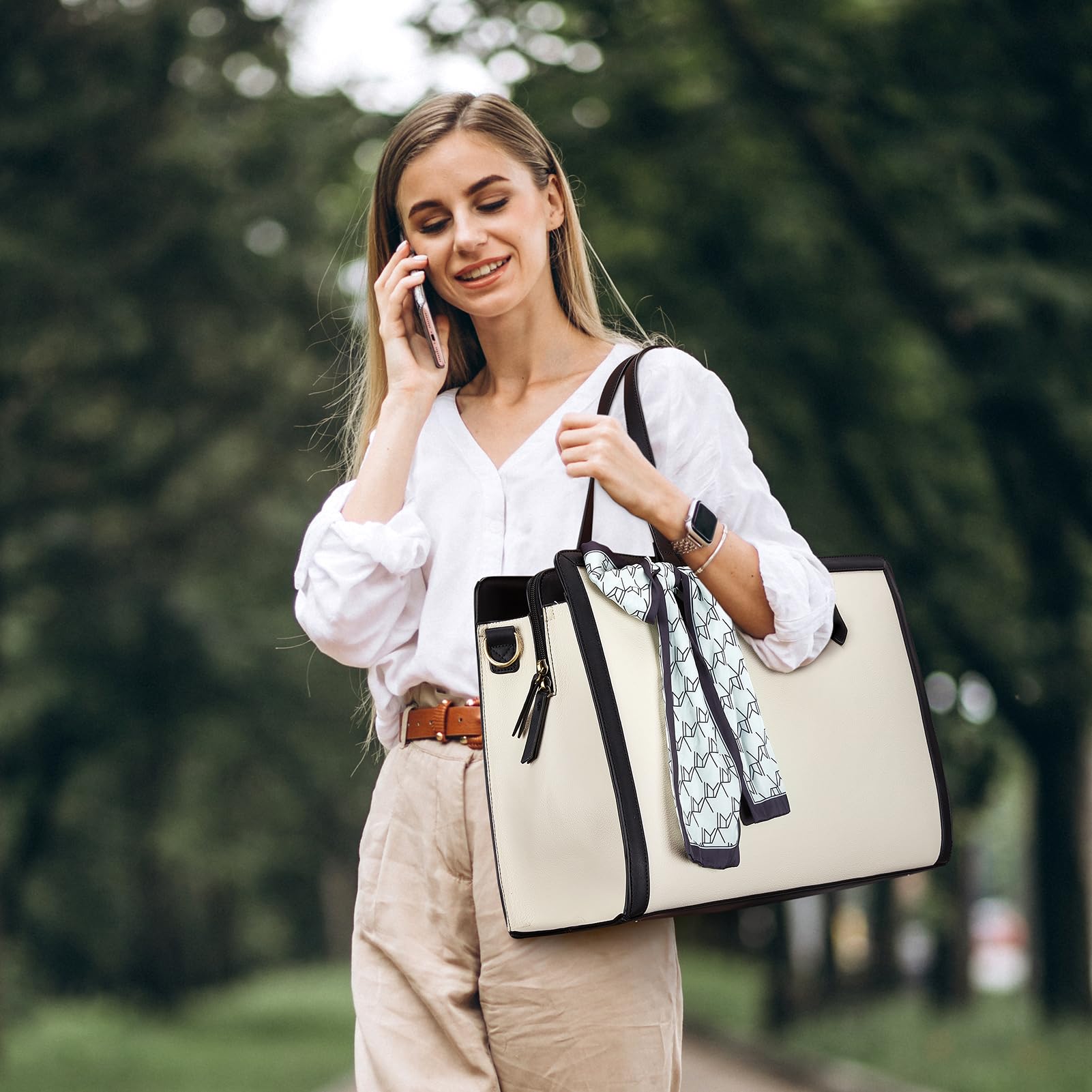 Missnine Missnine 15.6 Inch Laptop Bag for Women Stylish Tote Briefcase Handbag with 3-Layer Compartments Ideal for Office and Travel Beige Purse - View 2 of 6