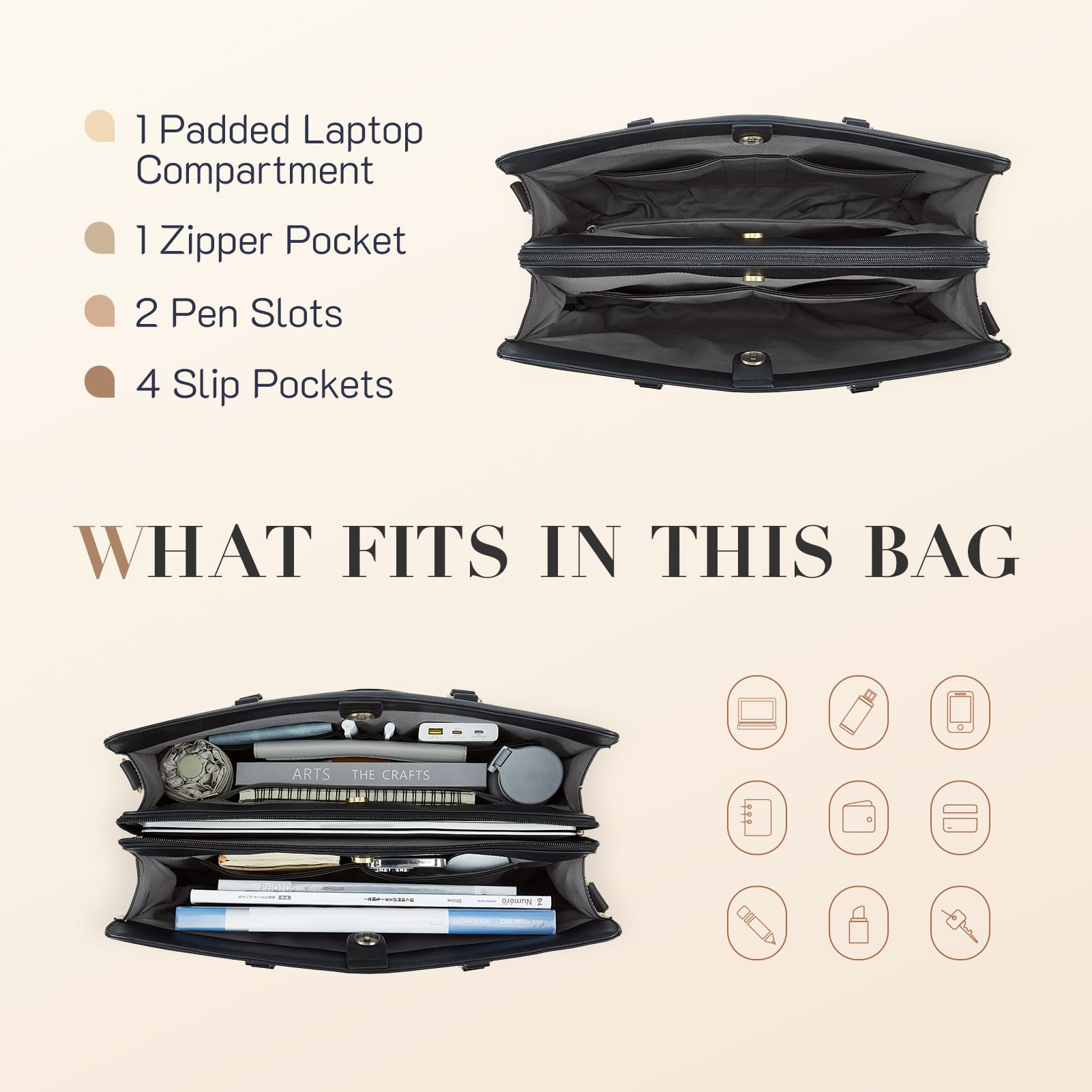 Missnine Missnine 15.6 Inch Laptop Bag for Women Stylish Tote Briefcase Handbag with 3-Layer Compartments Ideal for Office and Travel Beige Purse - View 3 of 6