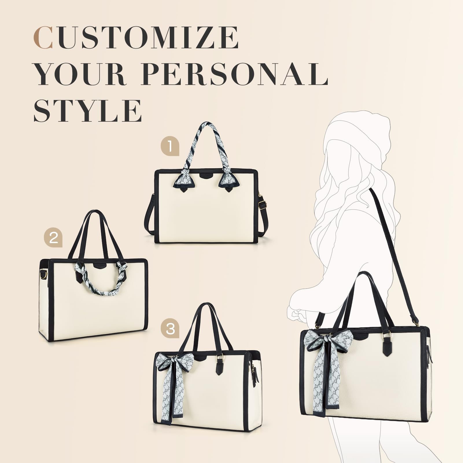 Missnine Missnine 15.6 Inch Laptop Bag for Women Stylish Tote Briefcase Handbag with 3-Layer Compartments Ideal for Office and Travel Beige Purse - View 5 of 6