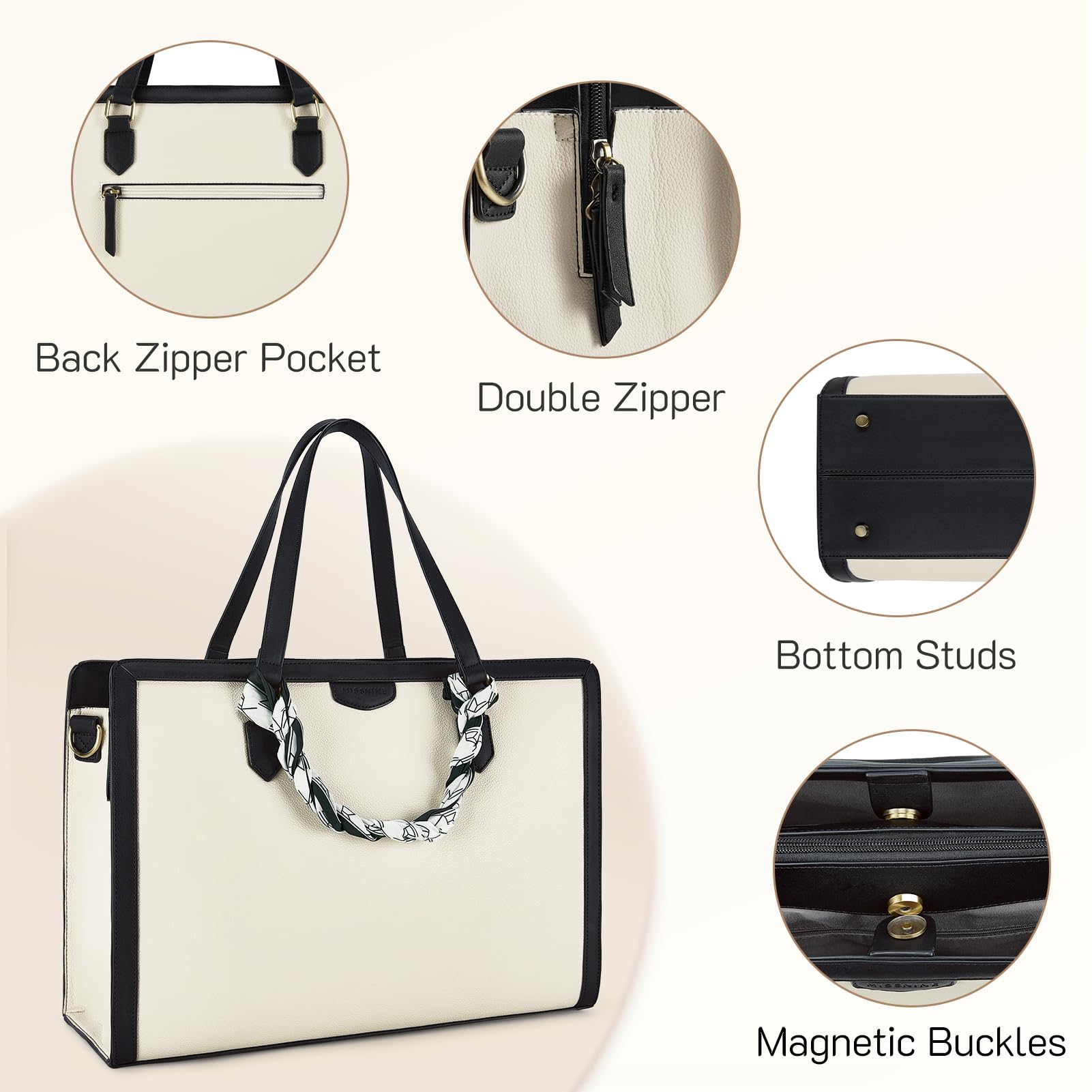 Missnine Missnine 15.6 Inch Laptop Bag for Women Stylish Tote Briefcase Handbag with 3-Layer Compartments Ideal for Office and Travel Beige Purse - View 6 of 6