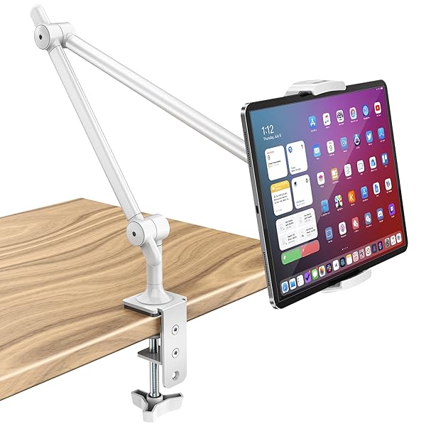 AboveTEK AboveTEK Premium Tablet Stand Holder, Aluminum Adjustable iPad Arm Clamp Mount for Desk & Bed with 360Â° Rotation, Overhead Compatible with 4.5"-13.5" iPad Pro/Air/Mini, iPhone, Galaxy Tab-White