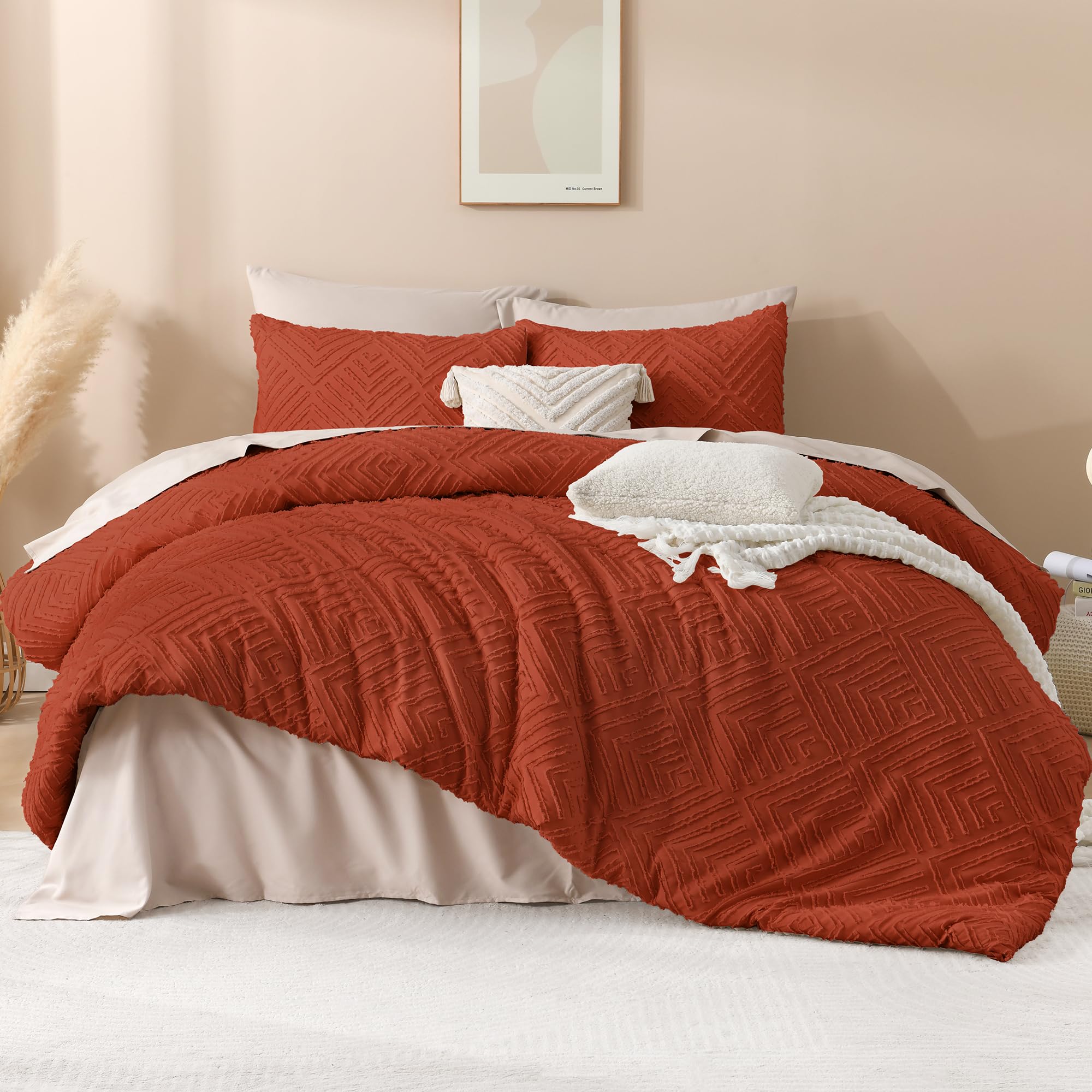 Andency Andency Burnt Orange California King Comforter Set 3 Pieces Soft Lightweight Down Alternative Bedding Oversized Terracotta Boho Tufted 104x96In - View 2 of 7