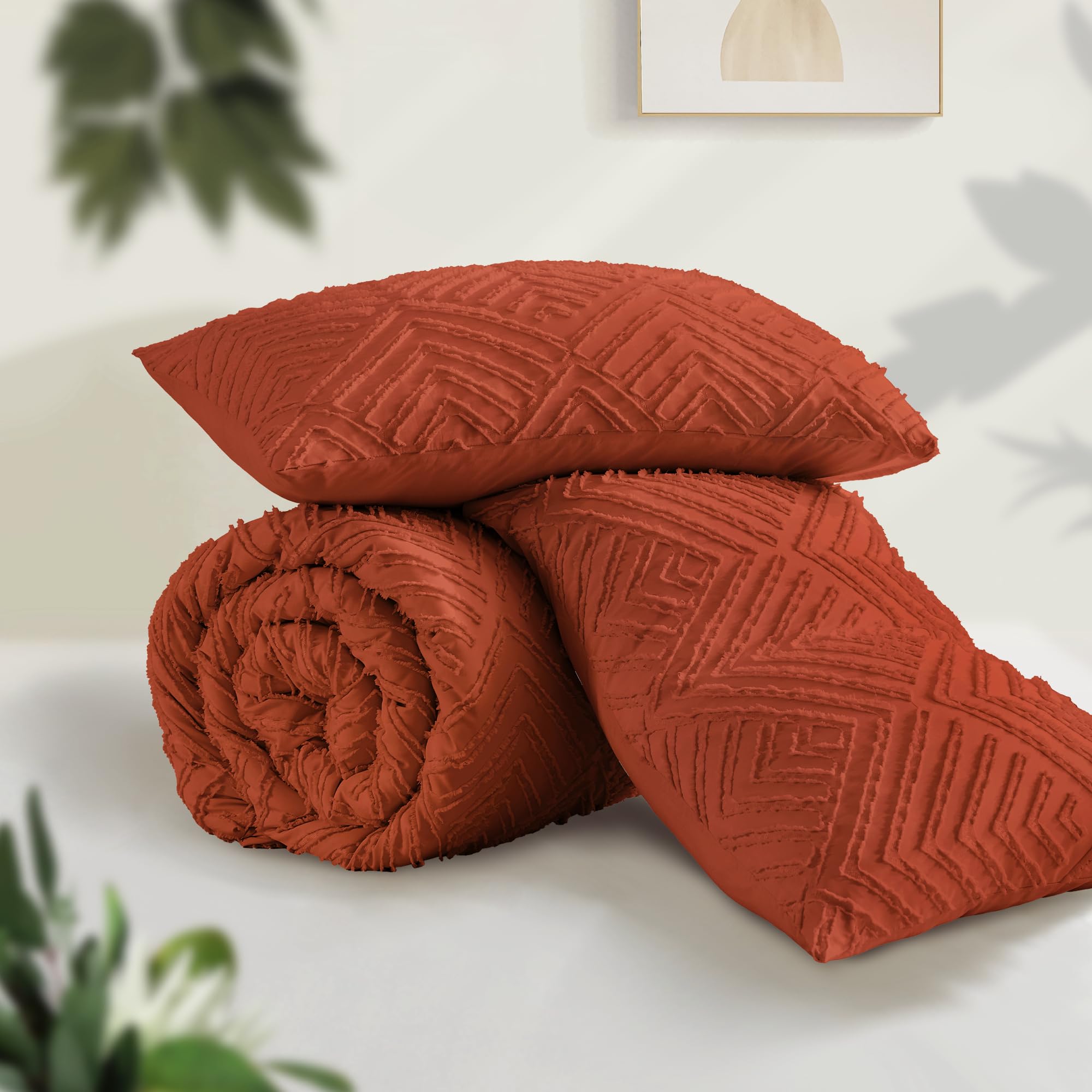 Andency Andency Burnt Orange California King Comforter Set 3 Pieces Soft Lightweight Down Alternative Bedding Oversized Terracotta Boho Tufted 104x96In - View 3 of 7
