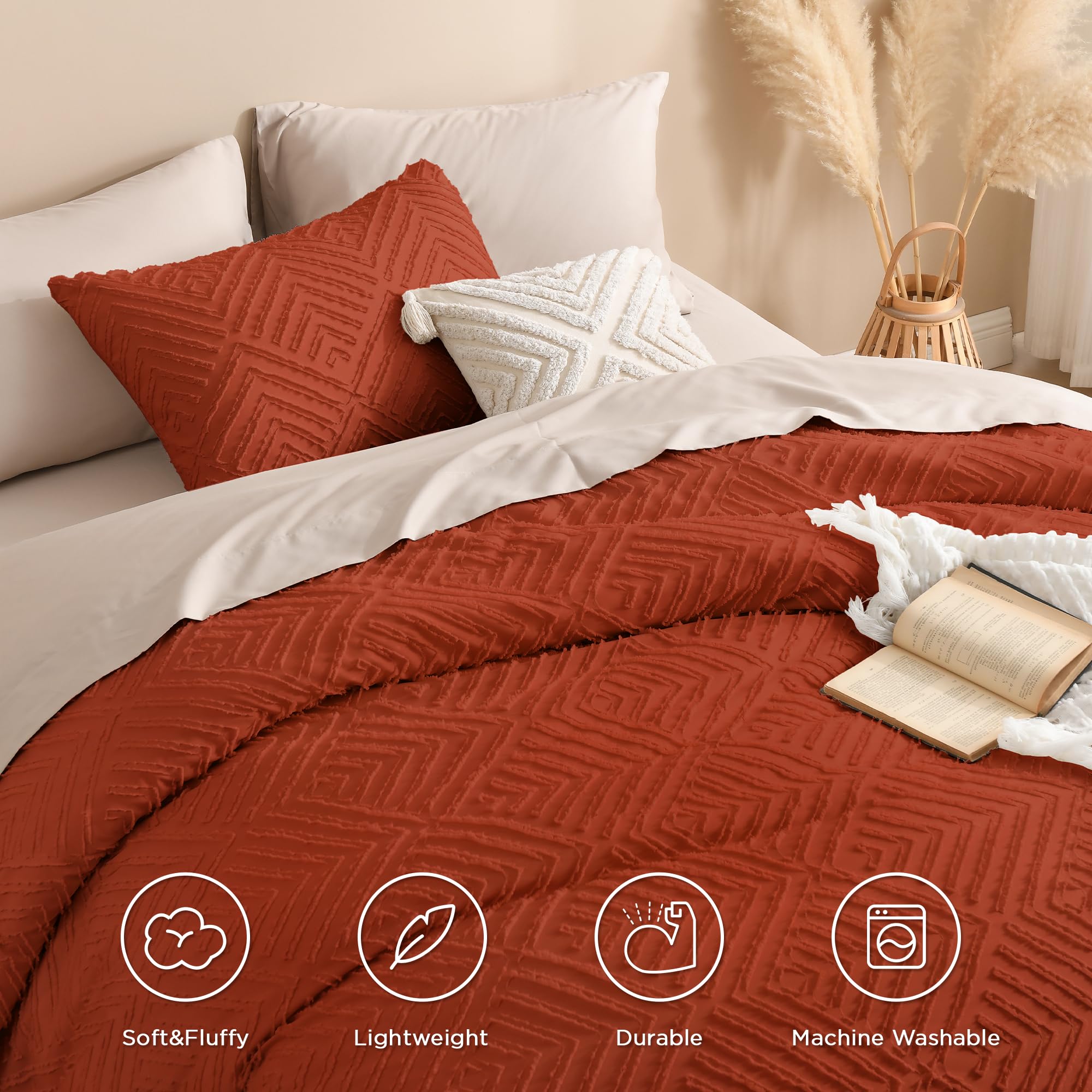 Andency Andency Burnt Orange California King Comforter Set 3 Pieces Soft Lightweight Down Alternative Bedding Oversized Terracotta Boho Tufted 104x96In - View 4 of 7