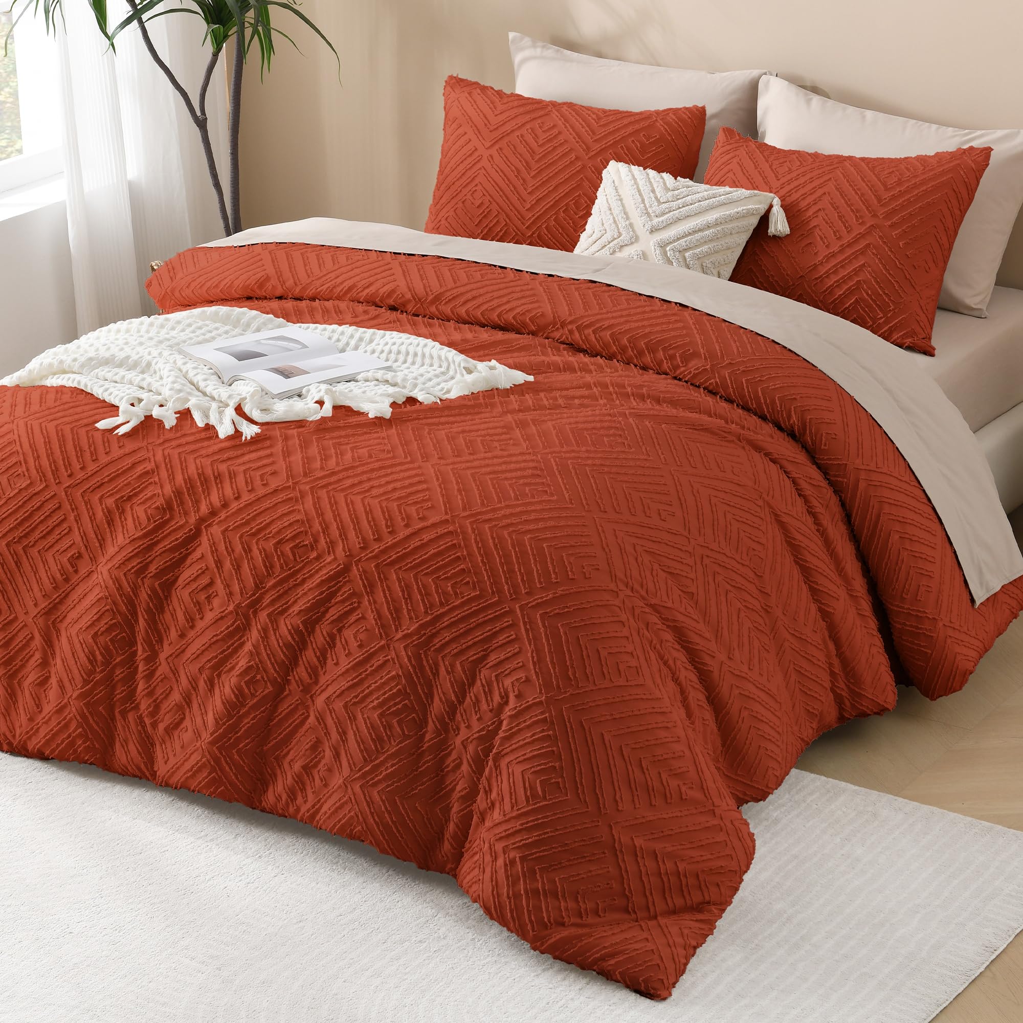 Andency Andency Burnt Orange California King Comforter Set 3 Pieces Soft Lightweight Down Alternative Bedding Oversized Terracotta Boho Tufted 104x96In - View 6 of 7