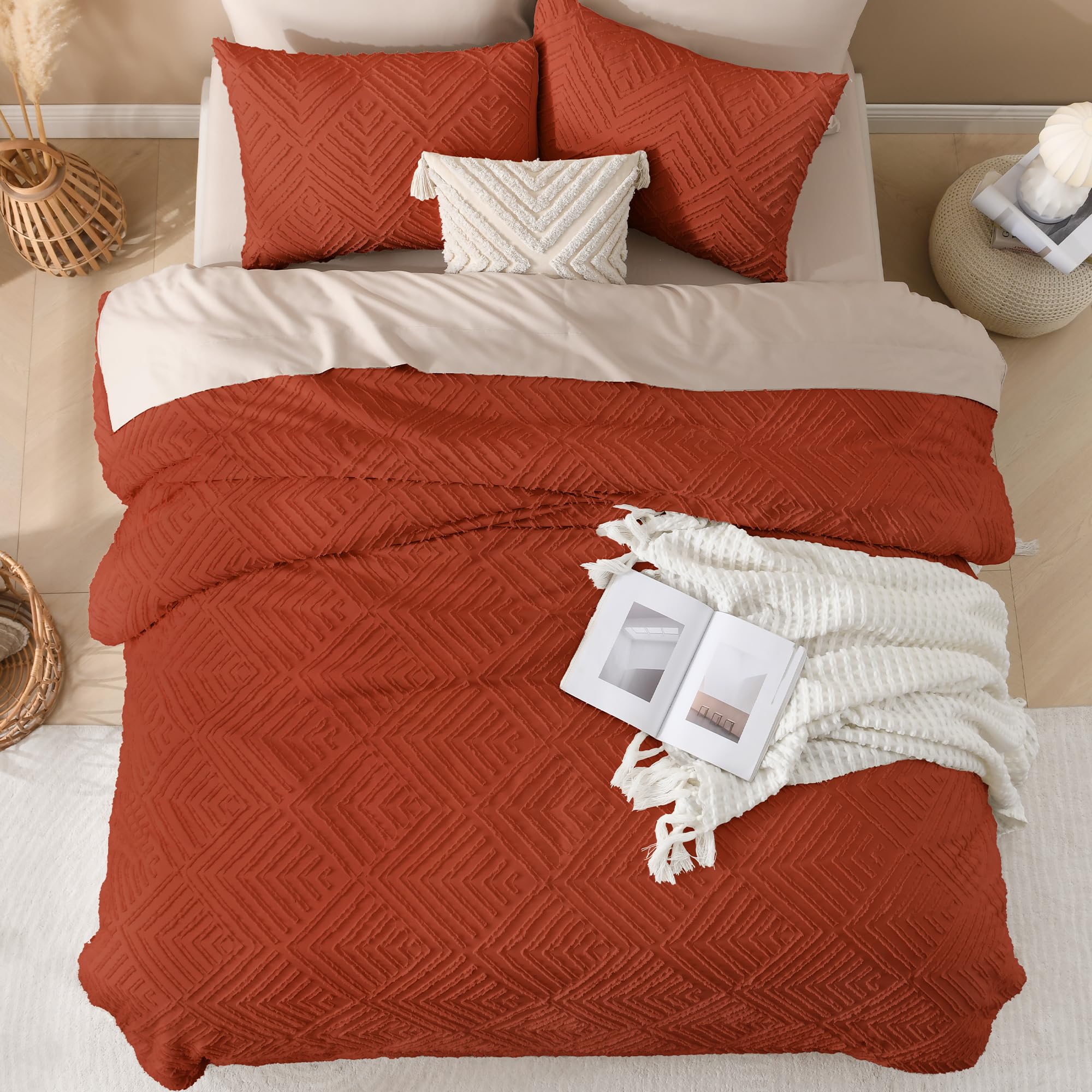 Andency Andency Burnt Orange California King Comforter Set 3 Pieces Soft Lightweight Down Alternative Bedding Oversized Terracotta Boho Tufted 104x96In - View 7 of 7