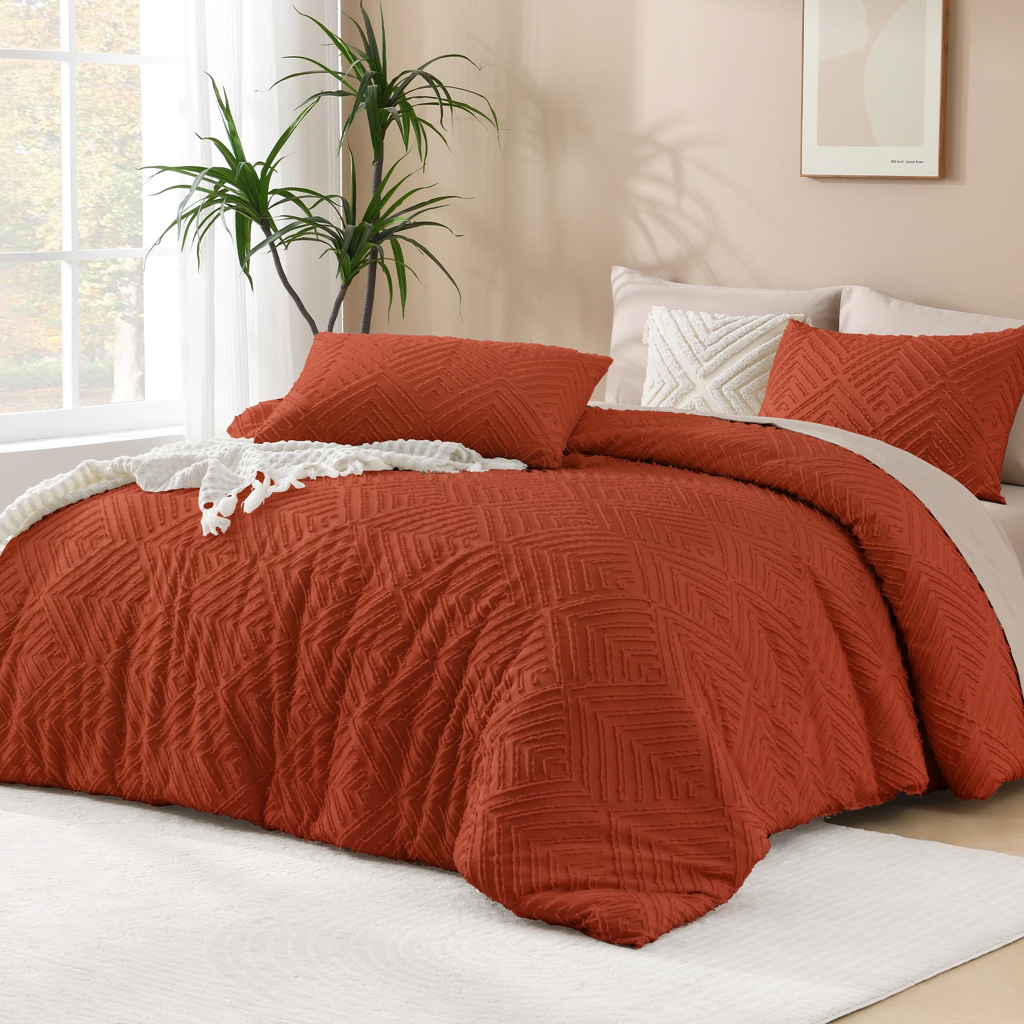 Andency Andency Burnt Orange California King Comforter Set 3 Pieces Soft Lightweight Down Alternative Bedding Oversized Terracotta Boho Tufted 104x96In