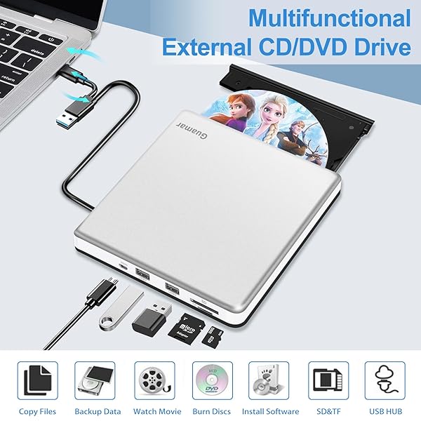 Guamar Guamar External CD DVD Drive USB 3.0 Portable Optical Disk Reader Burner for Laptop MacBook Pro PC Windows 11 with 2 USB Ports SD TF Slot - View 4 of 10