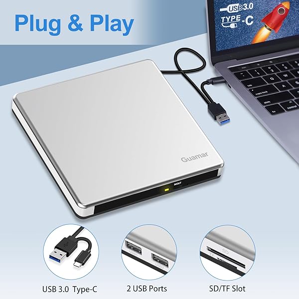 Guamar Guamar External CD DVD Drive USB 3.0 Portable Optical Disk Reader Burner for Laptop MacBook Pro PC Windows 11 with 2 USB Ports SD TF Slot - View 5 of 10